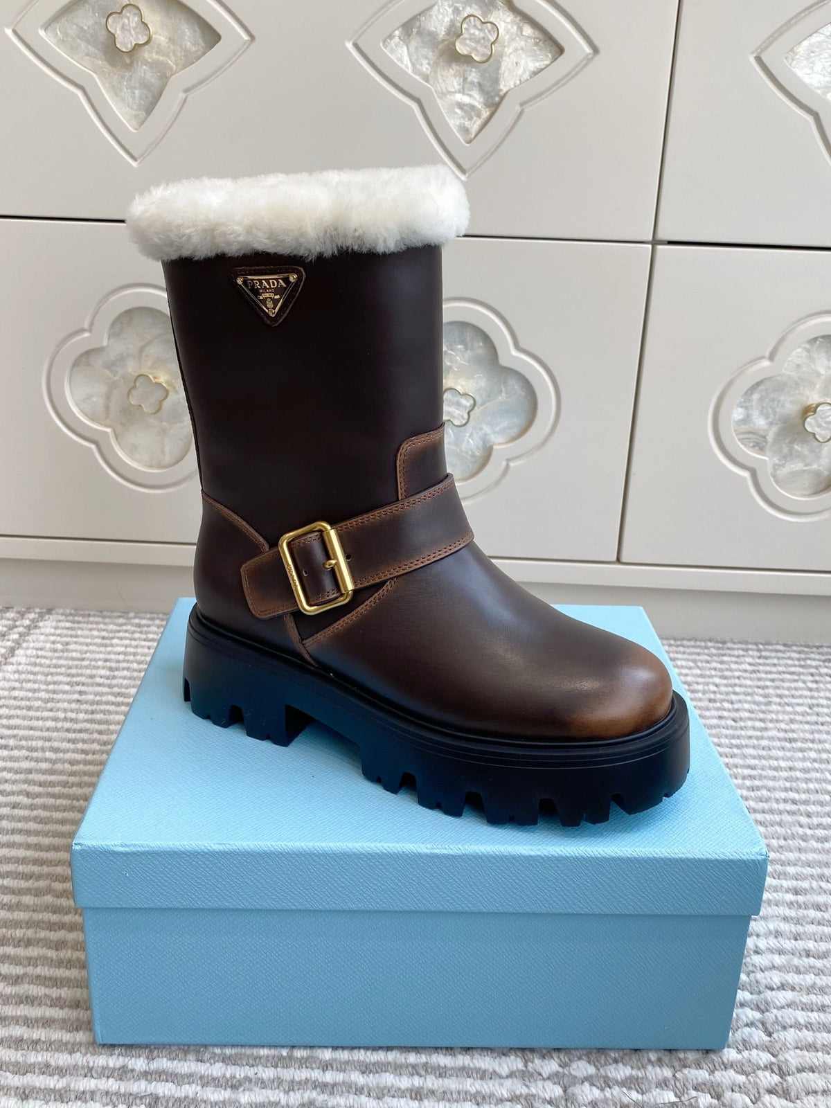 Prada 2026 Biker Platform Boots Suede Cowhide Wool 147125