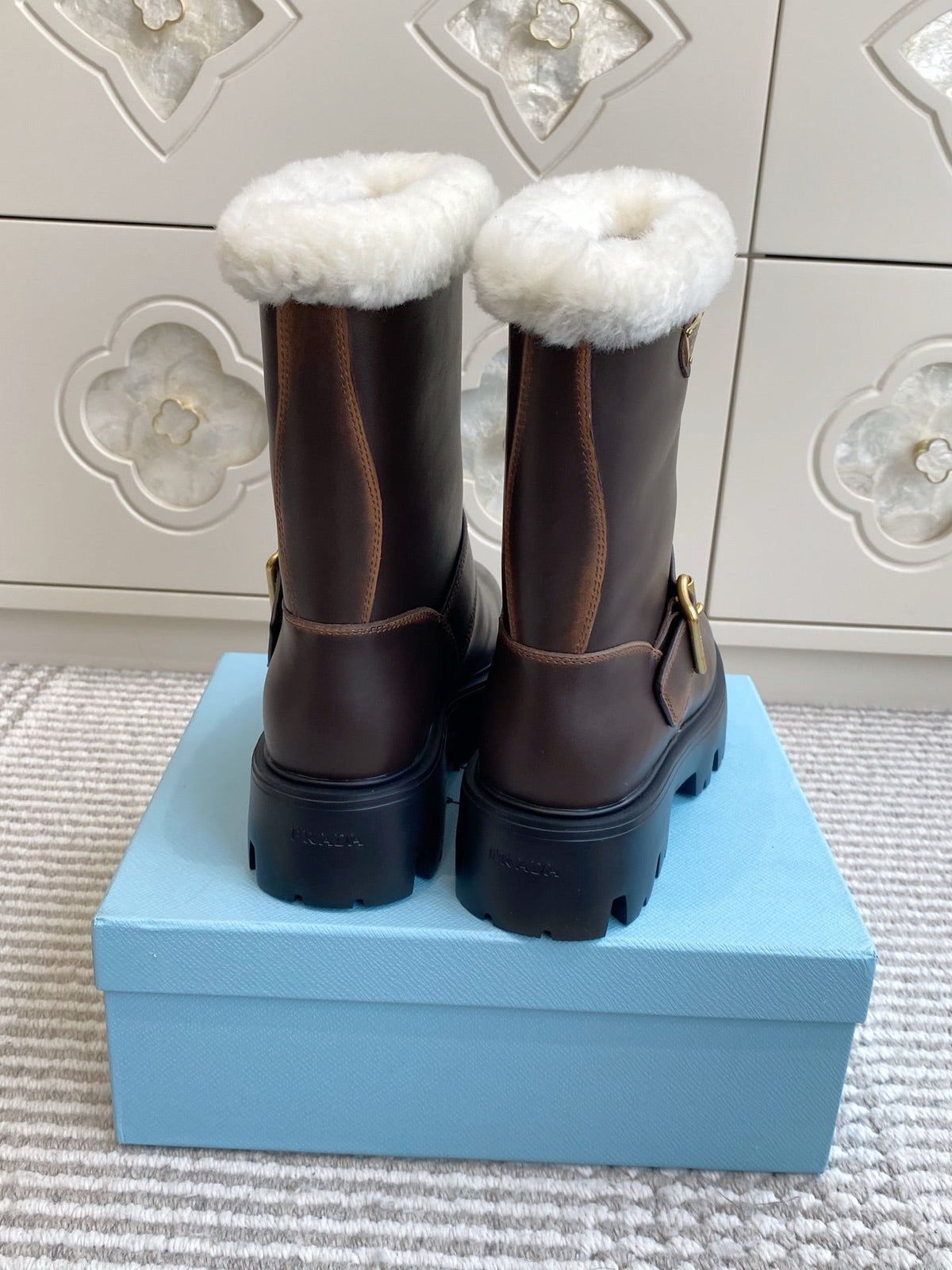 Prada 2026 Biker Platform Boots Suede Cowhide Wool 147125