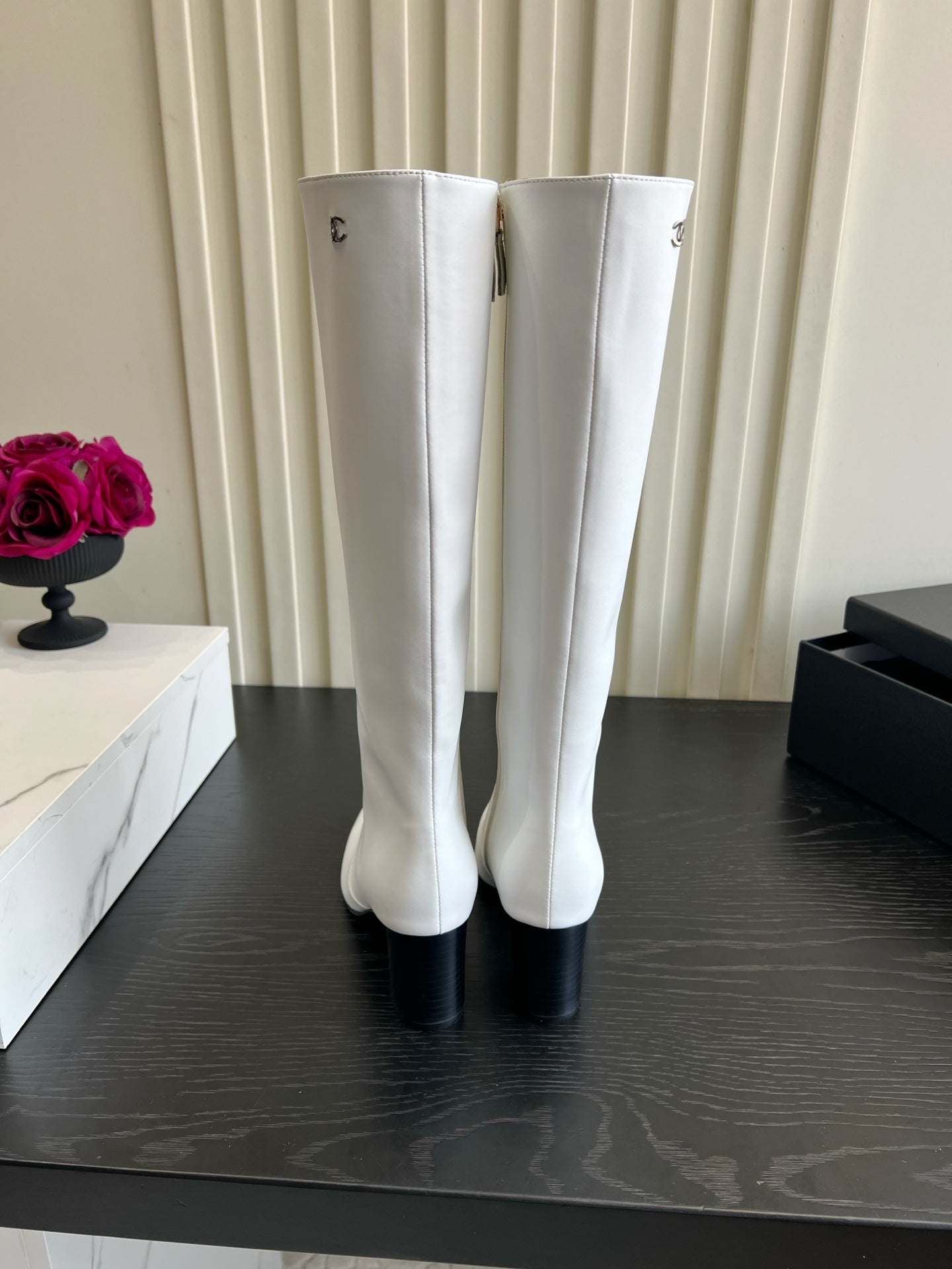 Chanel 2026 Square Toe Chunky Heel High Boots 50mm Cowhide 977240