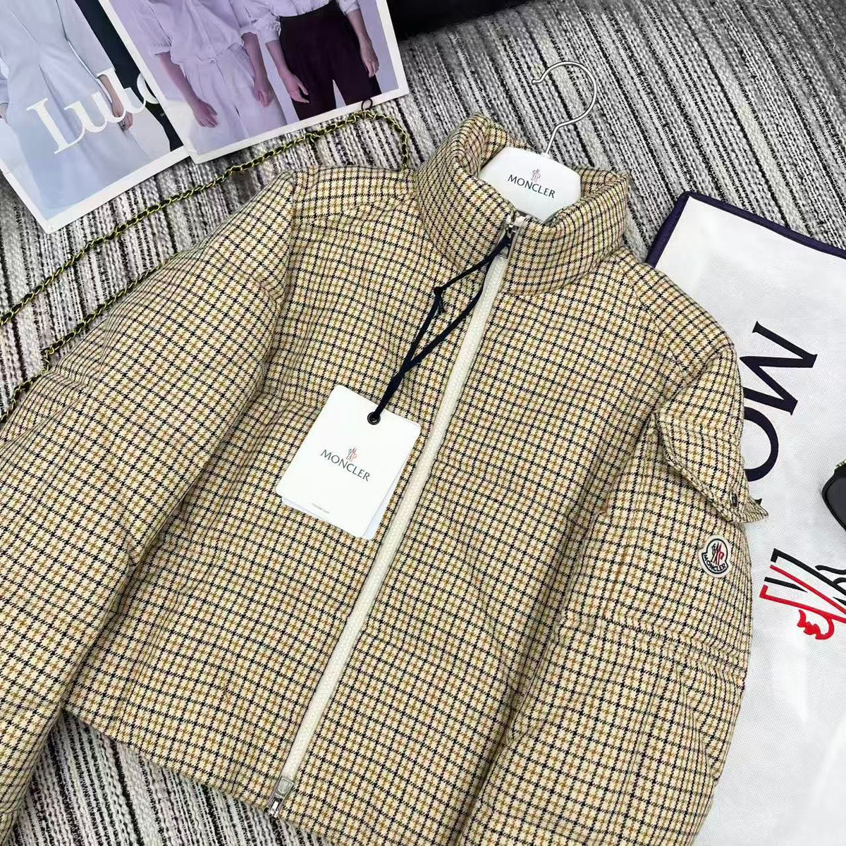 Moncler 2026 Keros Wool Blend Check Short Down Beige Jacket 260816