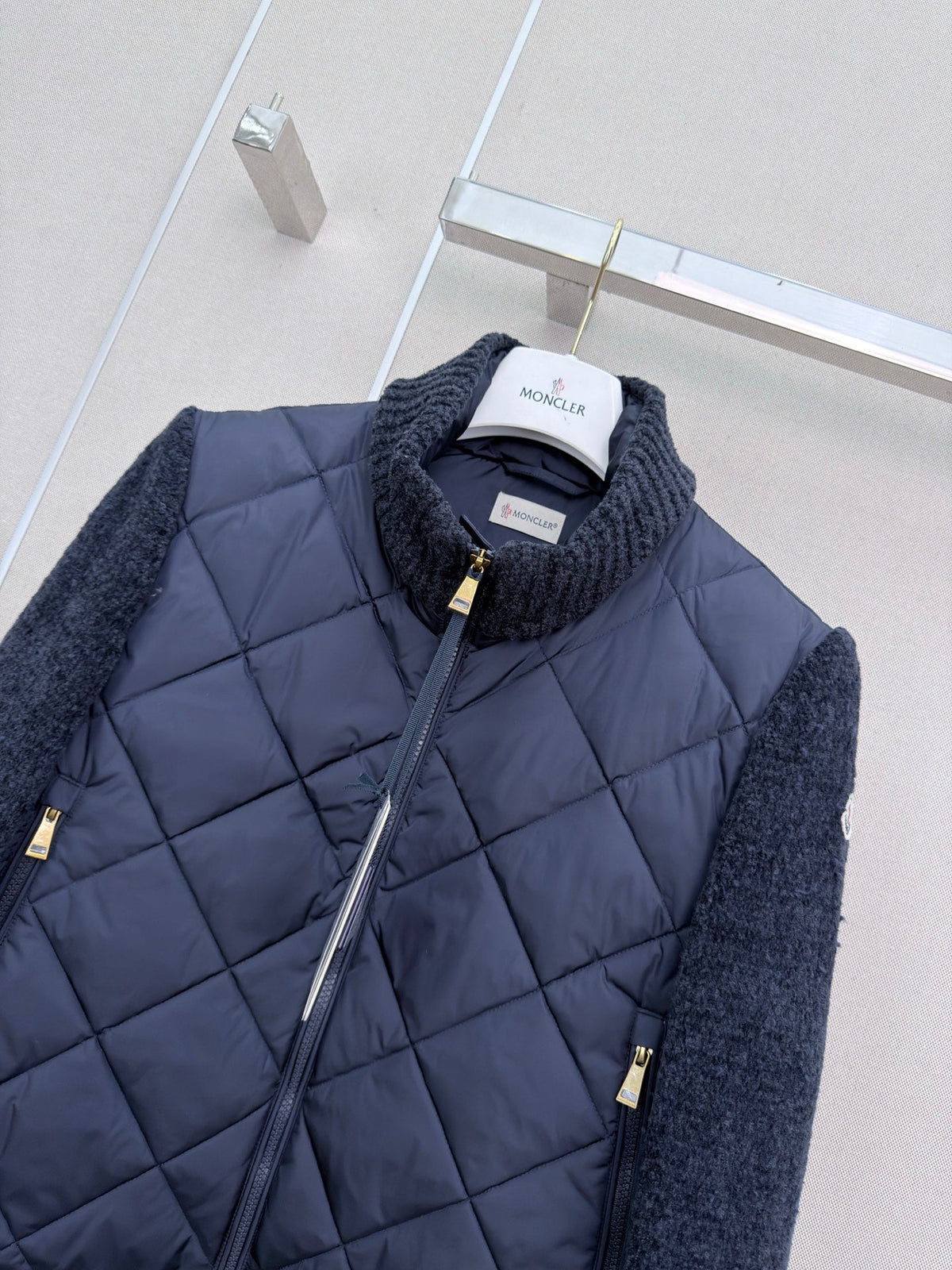 Moncler 2026 Padded Zip-Up Cardigan Navy Blue Cotton Blend