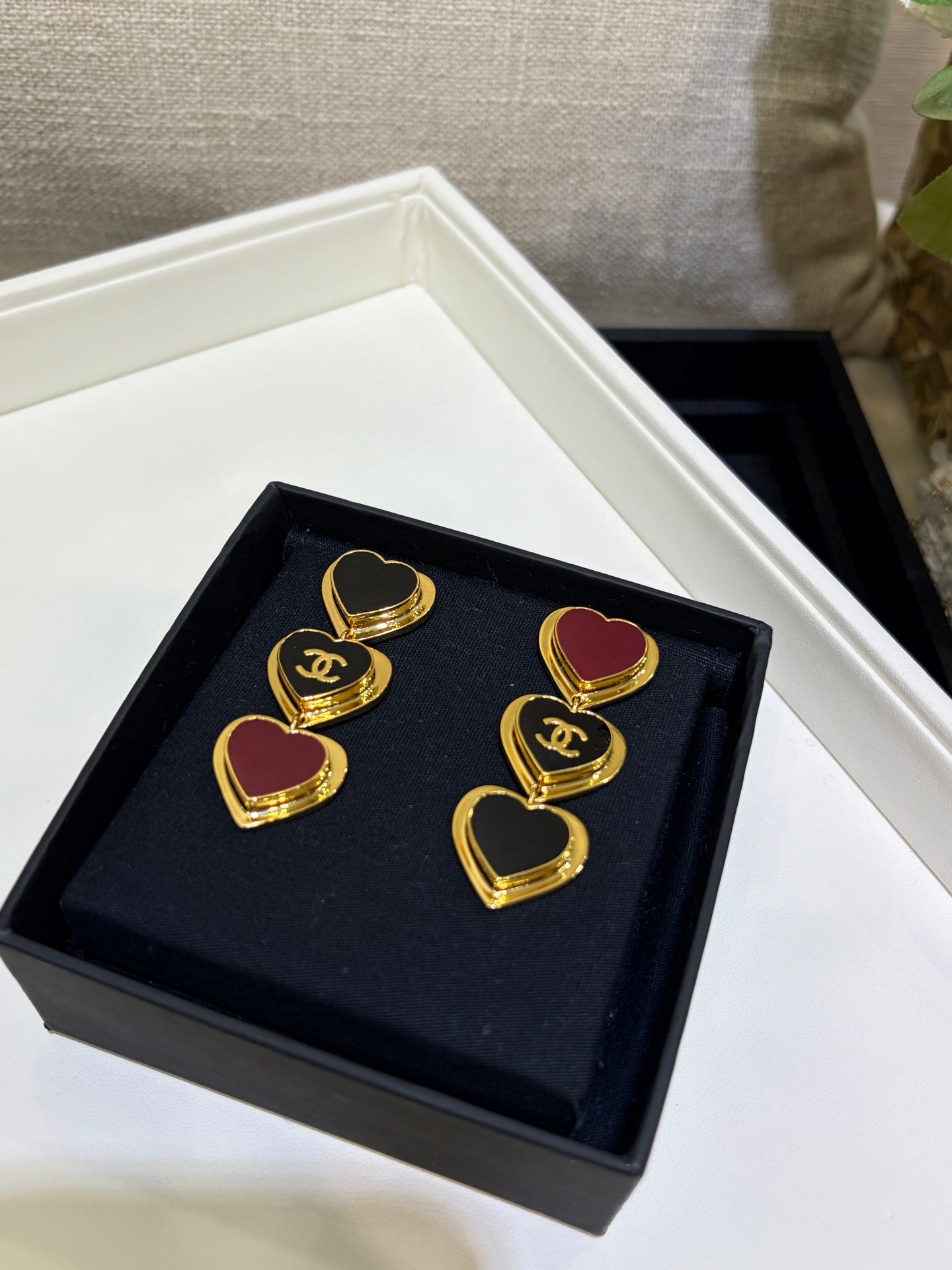 Chanel 2026 Gold Double C Black Heart Enamel Long Stud Earrings