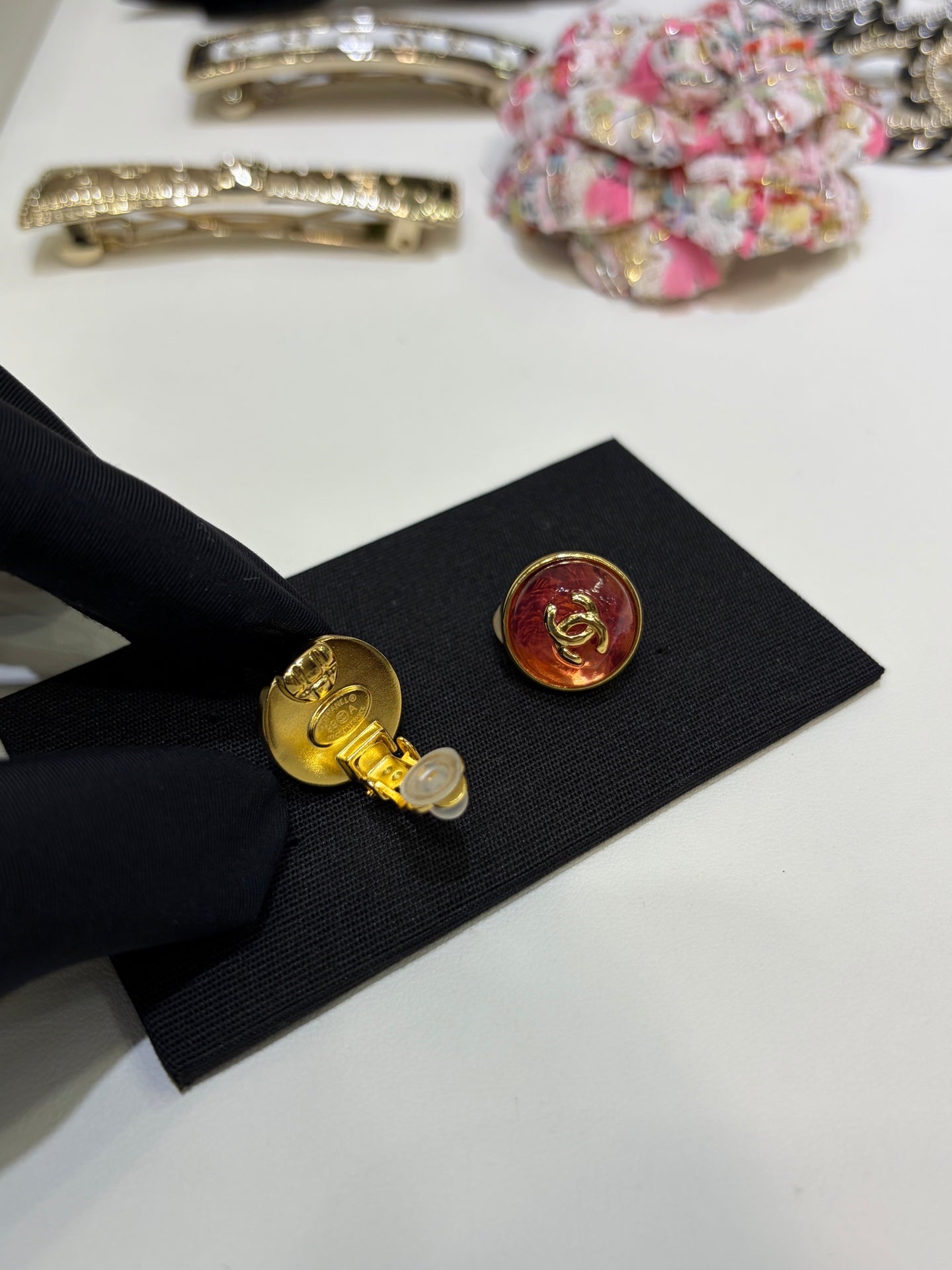 Chanel Gripoix Earrings With Gold CC Logo And Red Glass Stones