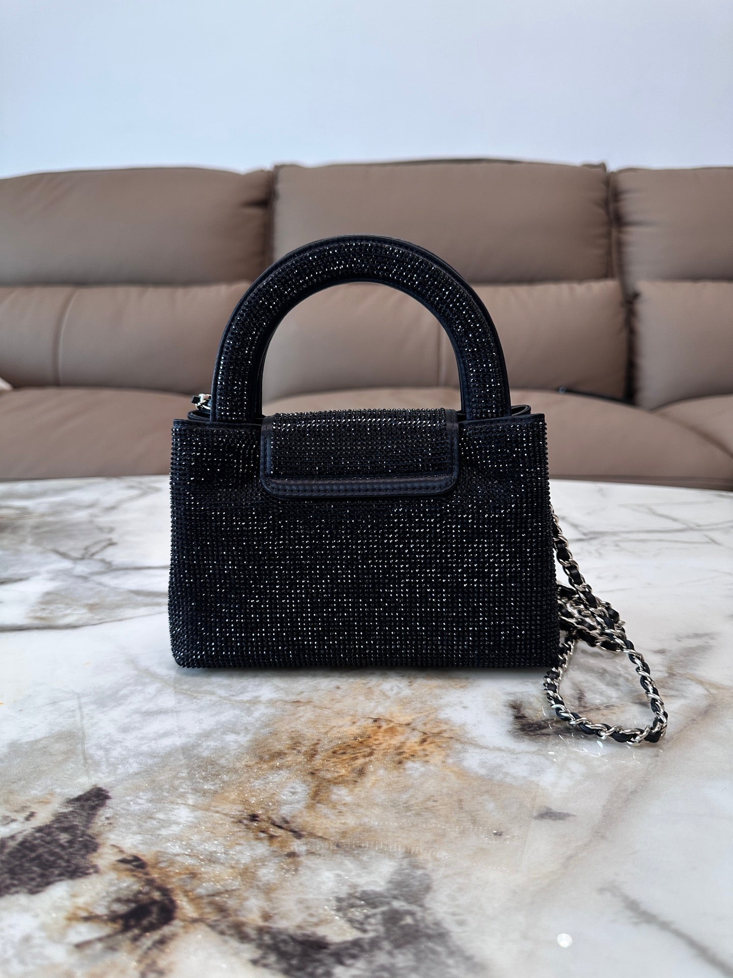 Chanel 2026 Bag 19cm Black And Silver Rhinestones Leather