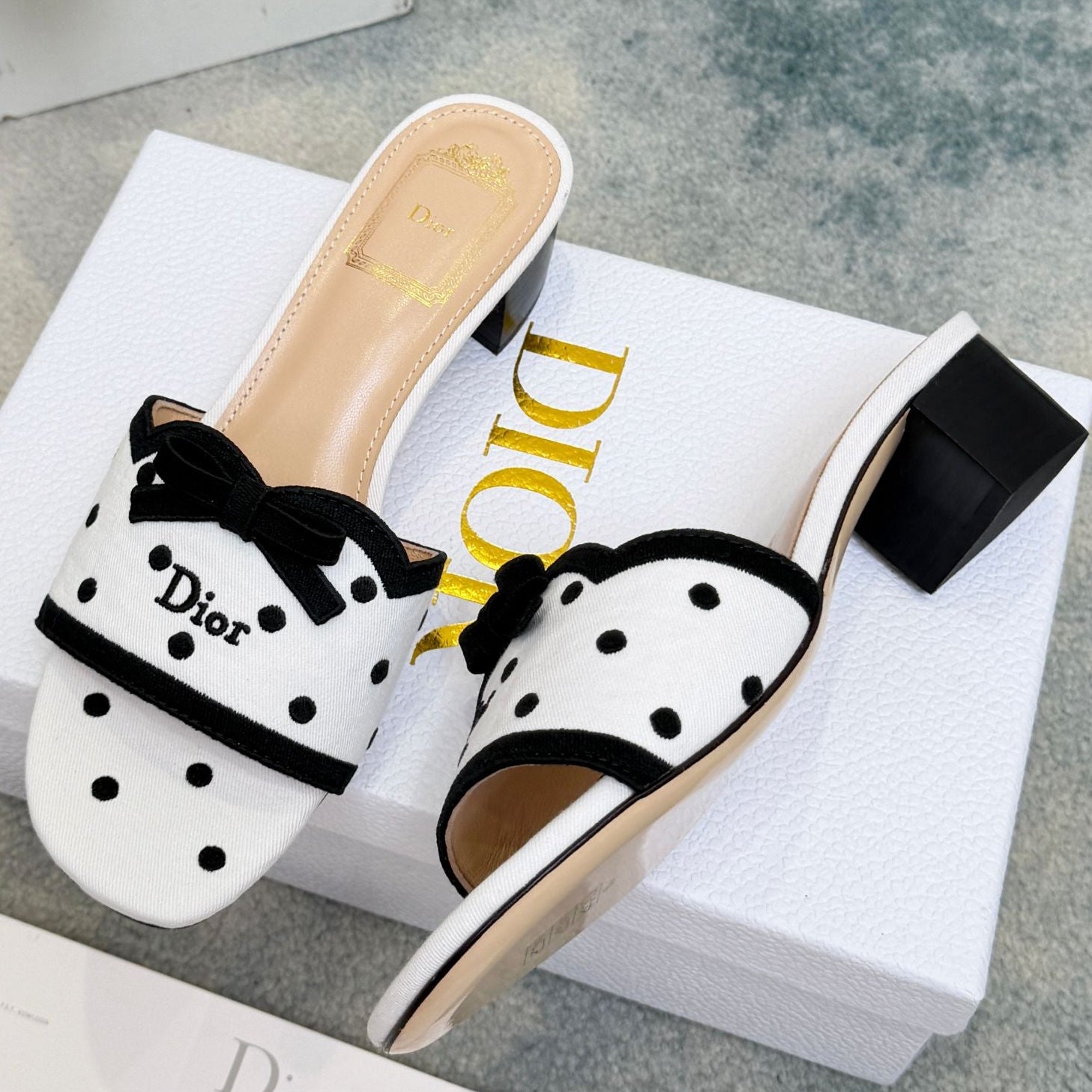 Dior 2026 Polka Dot Bow Chunky Heel Sandals Canvas 947860