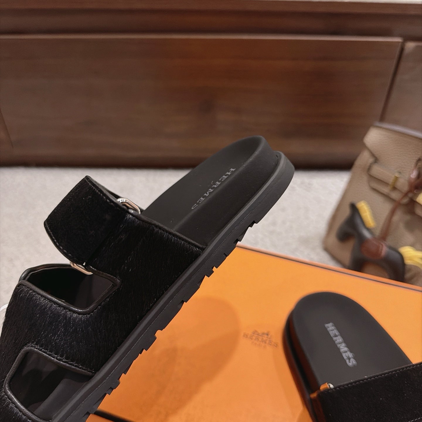 Hermes 2026 Chypre Sandal Black Moire Calfskin And Suede Goatskin 960078