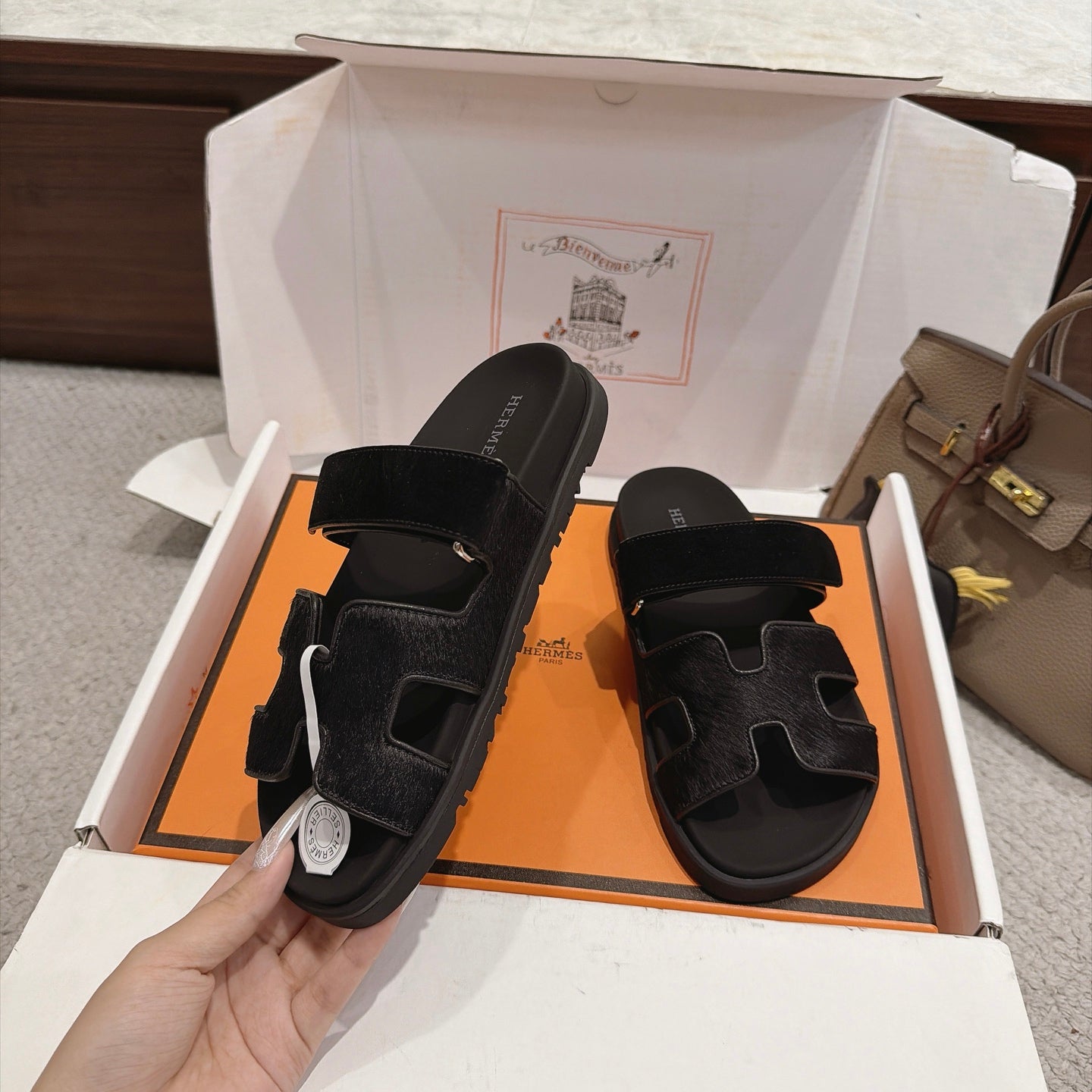 Hermes 2026 Chypre Sandal Black Moire Calfskin And Suede Goatskin 960078