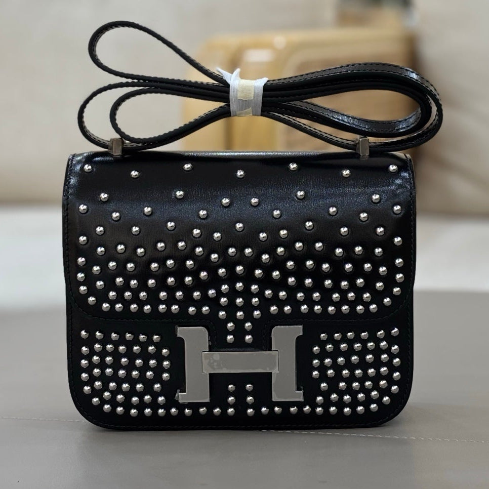 High-end Hermes 2026 Constance 18 Clouté Bag Black Box Leather