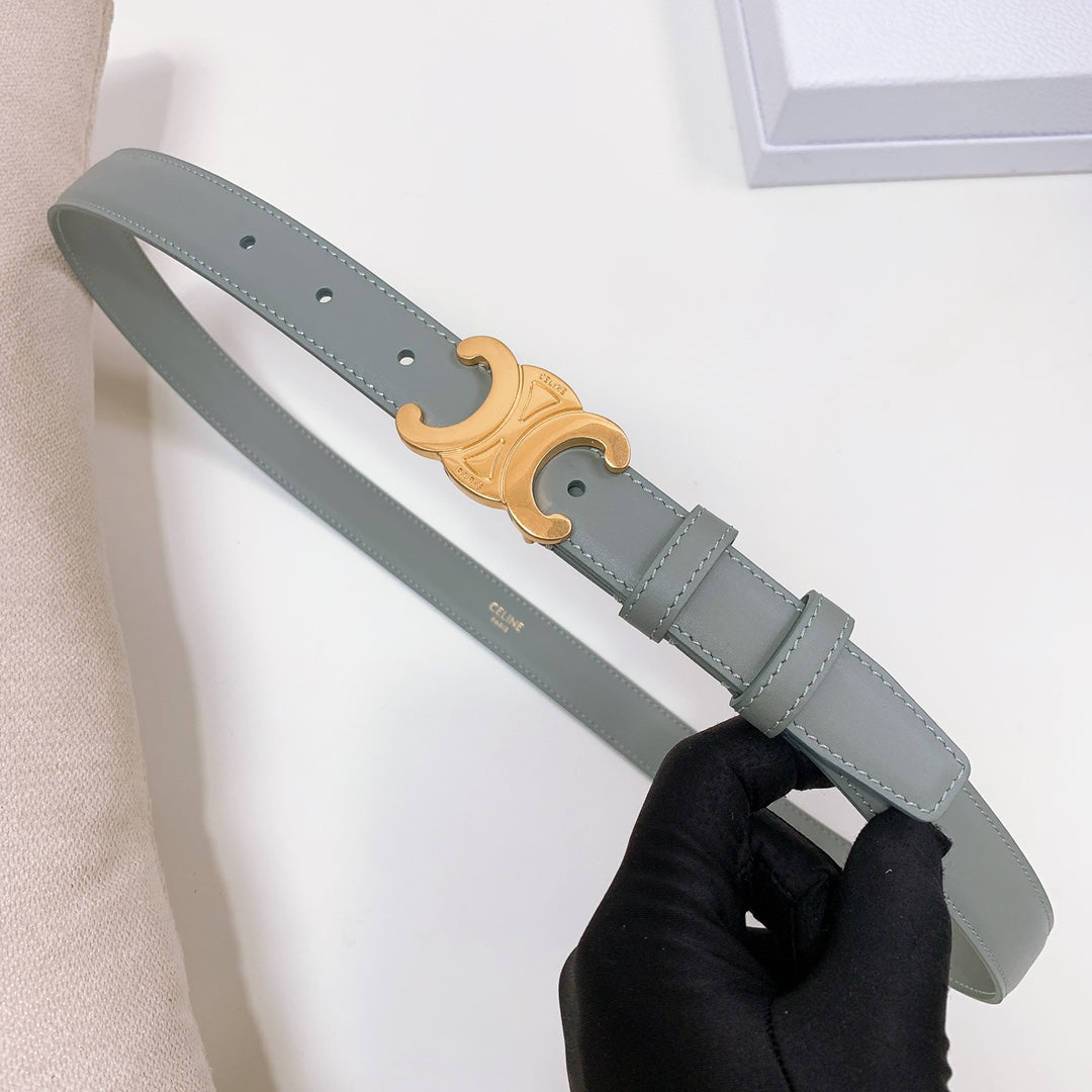 CL MEDIUM 25 MM TRIOMPHE BELT IN GRAY GREEN LEATHER GOLD HARDWARE