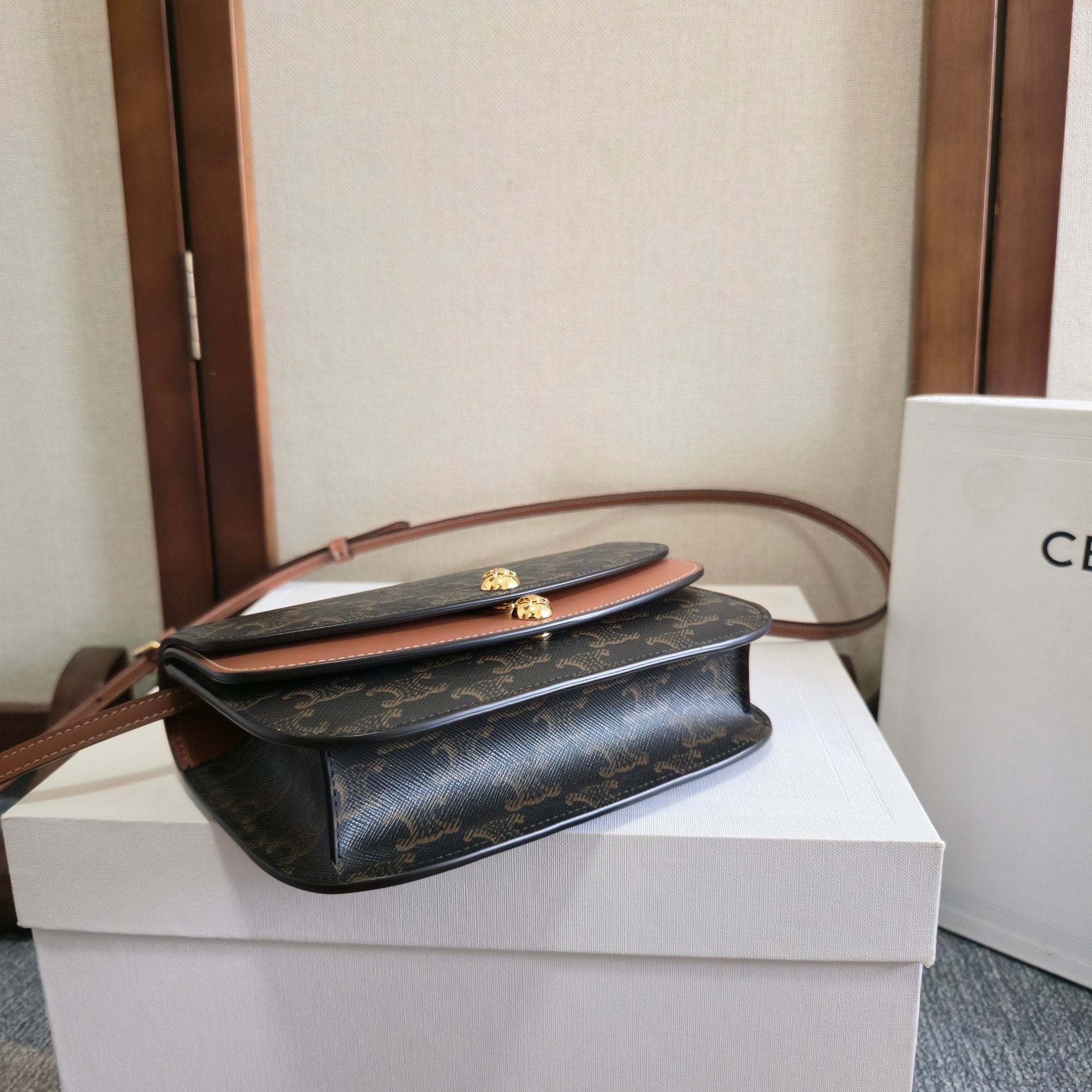 Celine 2025 Duo Wallet On Strap Bag 20cm Black Tan Canvas Calfskin 276321