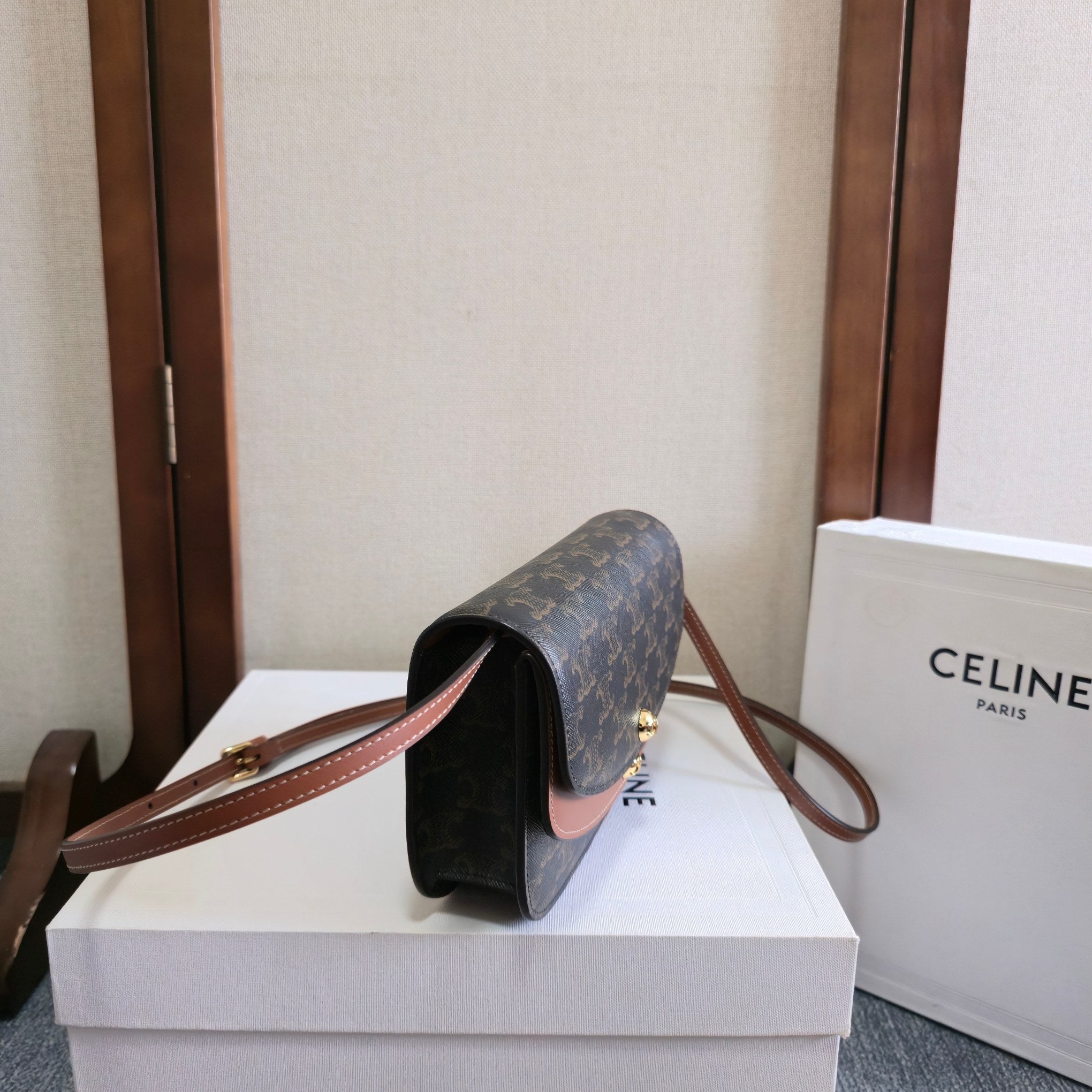 Celine 2025 Duo Wallet On Strap Bag 20cm Black Tan Canvas Calfskin 276321