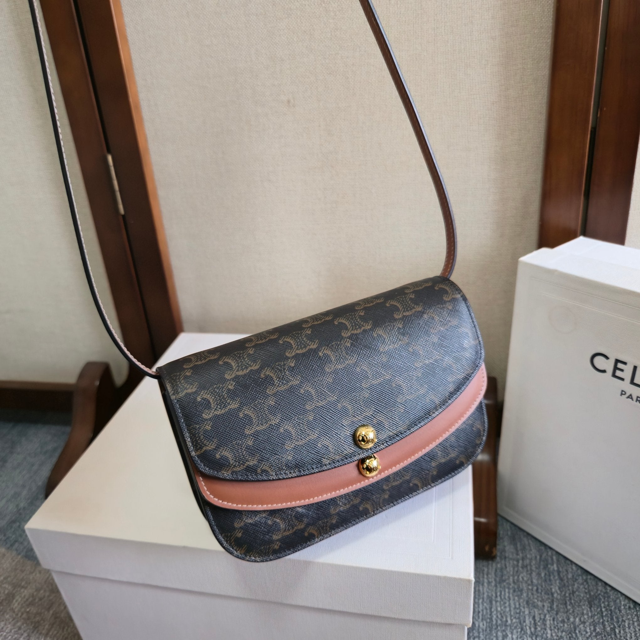 Celine 2025 Duo Wallet On Strap Bag 20cm Black Tan Canvas Calfskin 276321