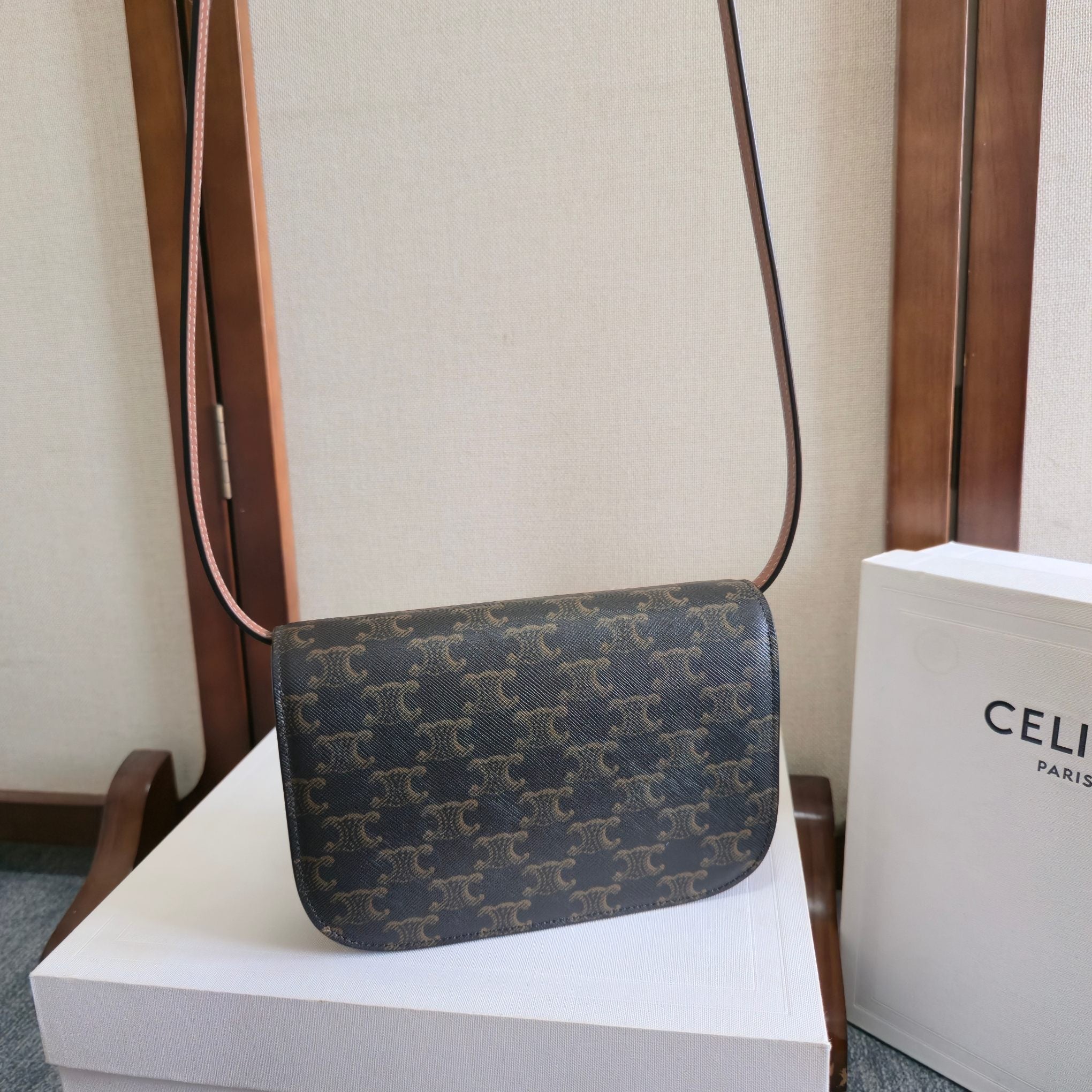 Celine 2025 Duo Wallet On Strap Bag 20cm Black Tan Canvas Calfskin 276321