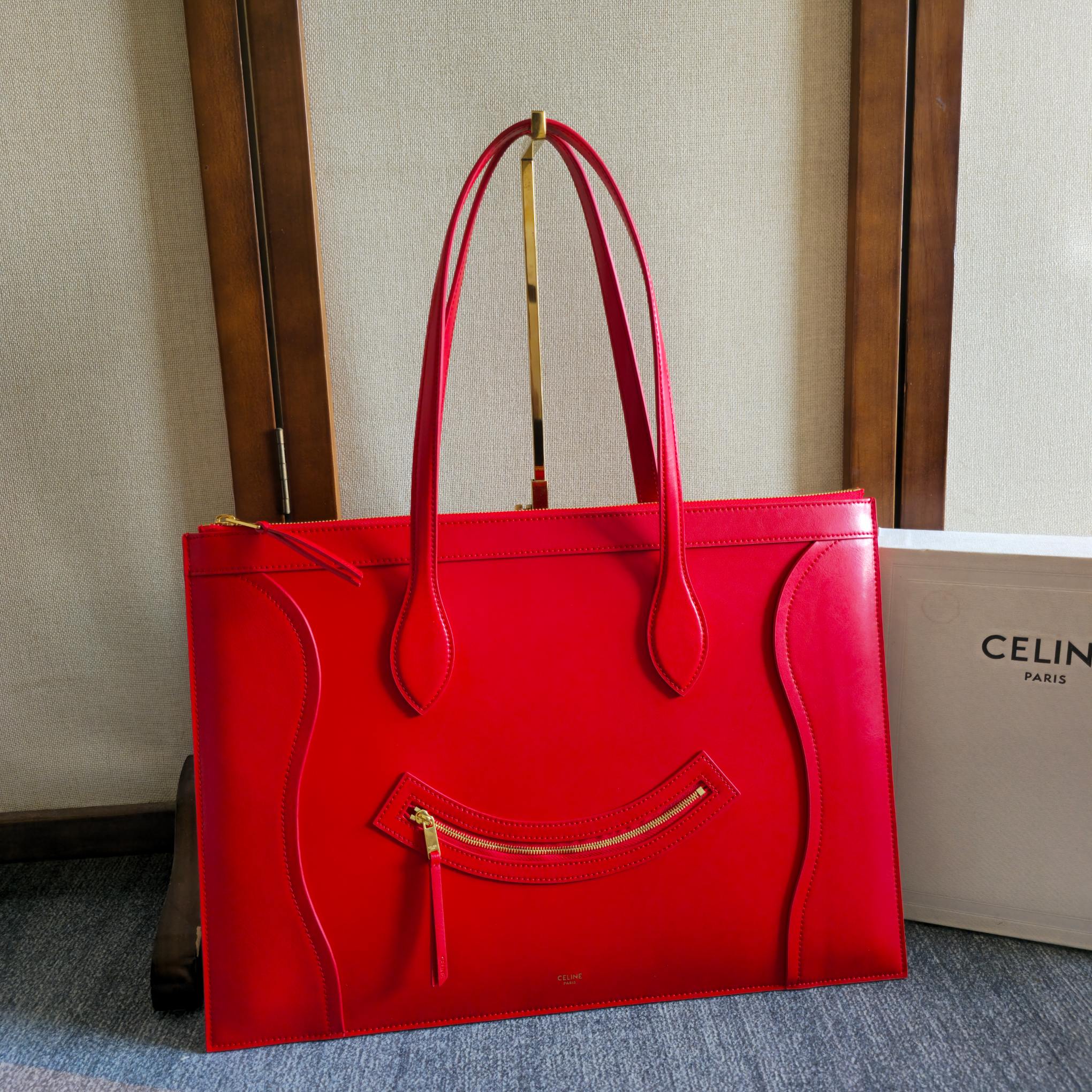 Celine 2026 Flat Cabas New Luggage Bag Red Calfskin 276209