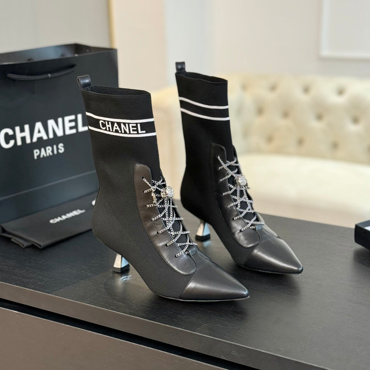 CC Ankle Boots Black Chain Wool And Lambskin