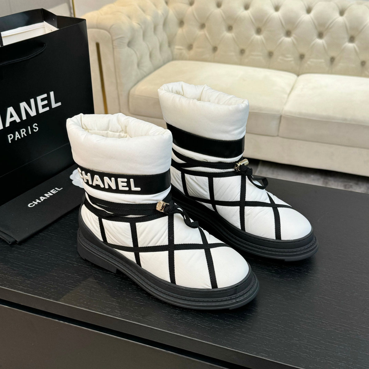 CC Ankle Boots White Mix Black Wind Cloth Quilted