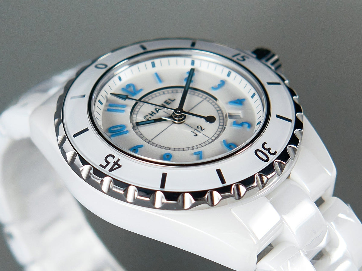 J12 Date Quartz White Ceramic Blue Numerals White Dial