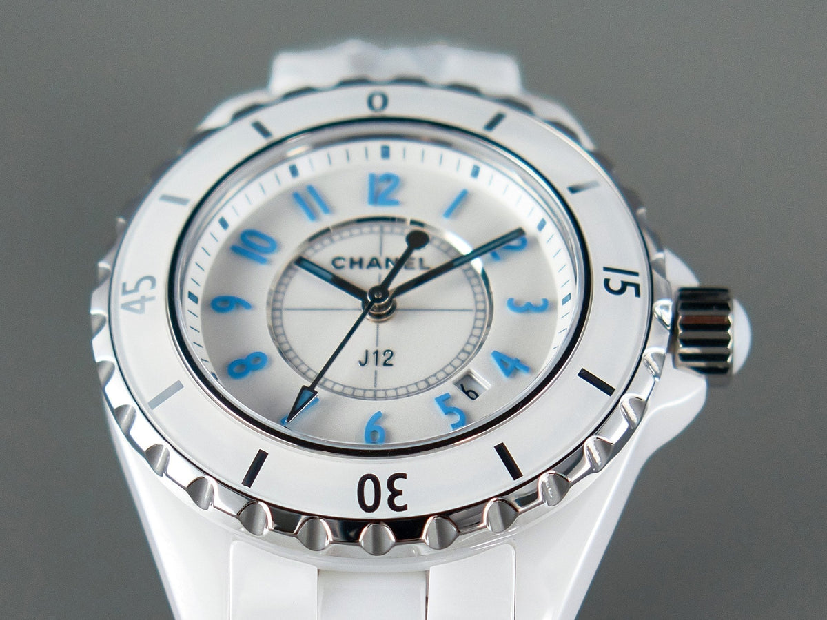 J12 Date Quartz White Ceramic Blue Numerals White Dial