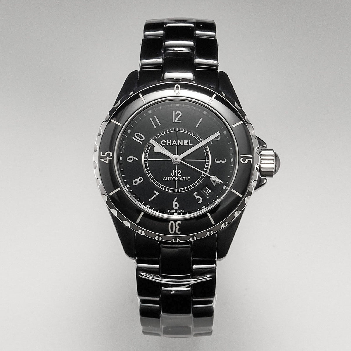 J12 Date Automatic Black Ceramic White Numerals Black Dial White Steel Hands