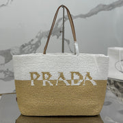 LARGE TOTE BAG 37 IN WHITE MIX BEIGE RAFFIA AND BROWN CALFSKIN HANDLE