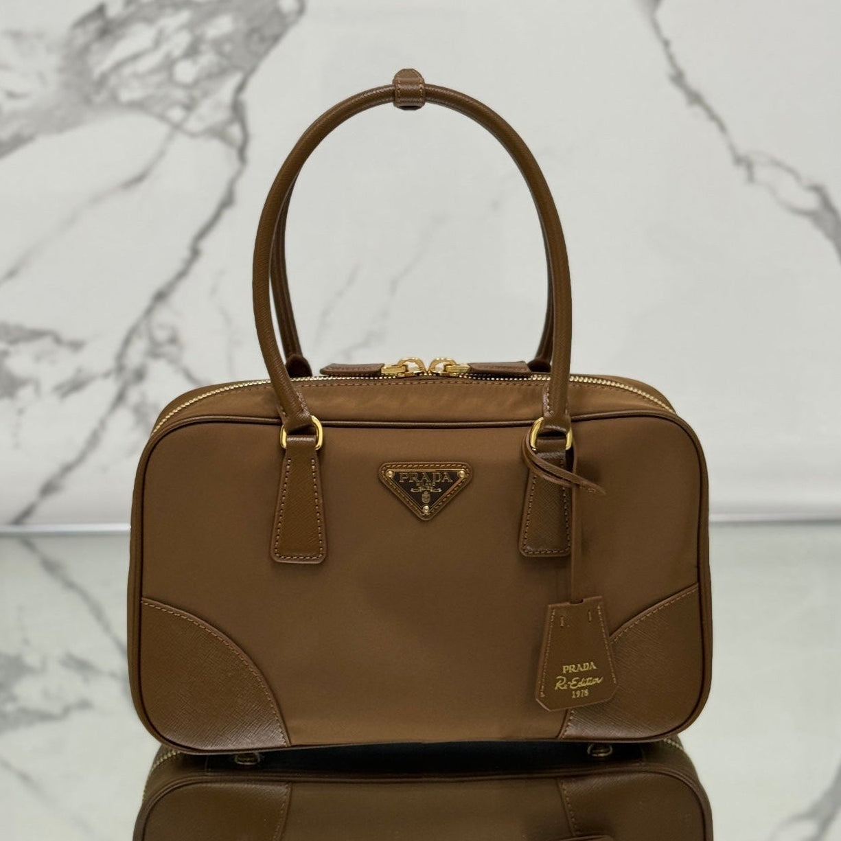 MEDIUM TOP HANDLE BAG 30 IN CHERRY WOOD NYLON AND CALFSKIN TRIM