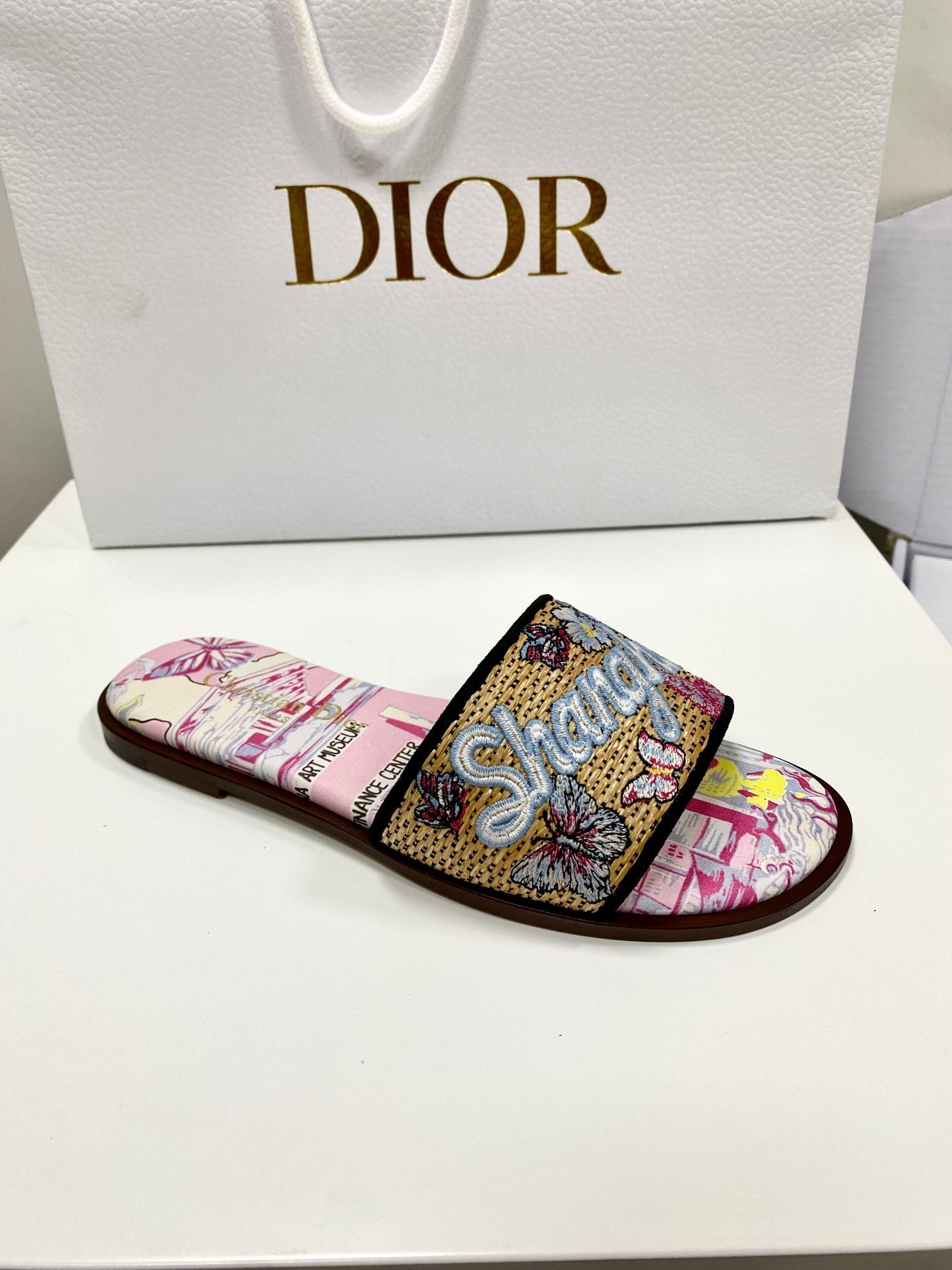 CD 26s Embroidered Sandals Pink Beige Multicolor Canvas Leather 683005