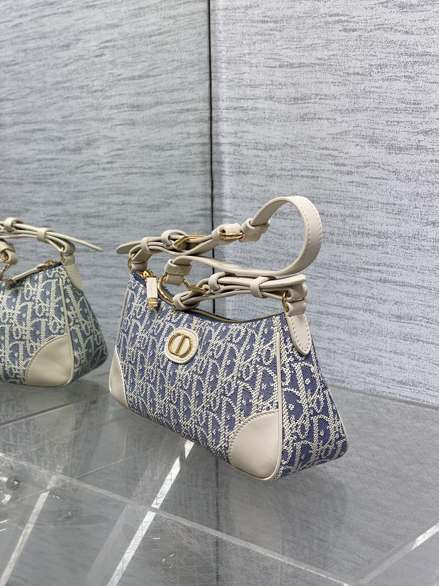 CD Cigale mini bag 26 blue raffia-effect fabric