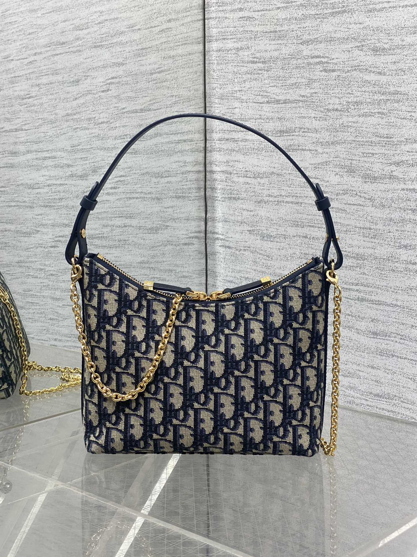 Dior 2025 Bag 19cm Navy Blue mix Beige Oblique Fabric mix Leather 272830
