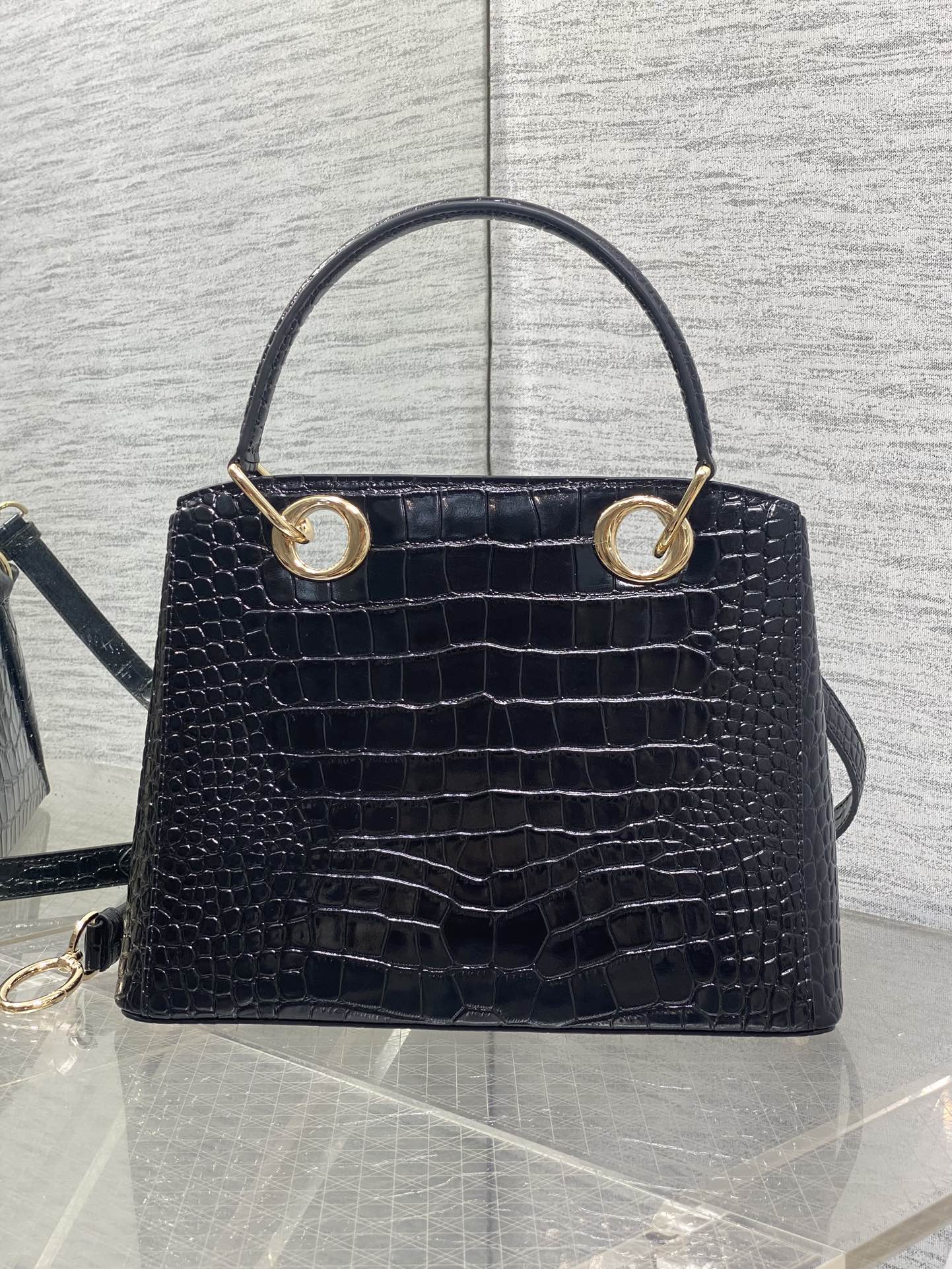 Dior 2025 Crocodile Pattern Bag 28cm Black Leather 272521