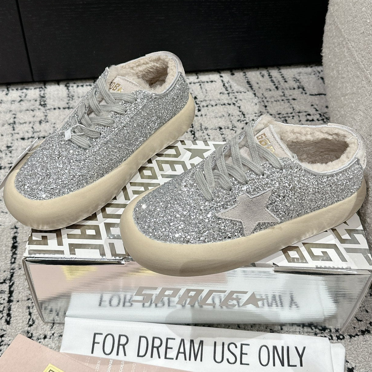 Golden Goose 2025 Space-Star Sabot Sneaker Silver Beige Glitter Wool 141174