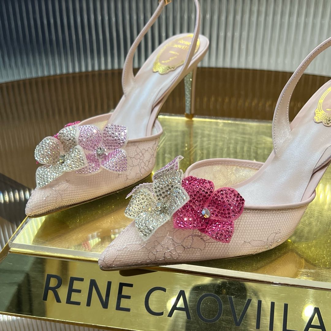 RC 25C Flower-Studded Diamond High-Heeled Sandals Pink Sheepskin 174913