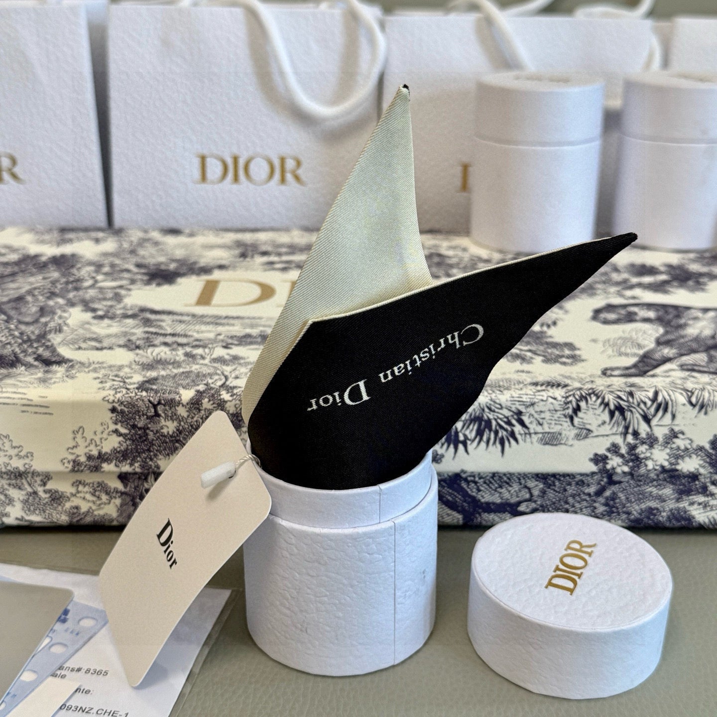 CD Twilly Mini Scarf 105cm Beige Black Mulberry Silk 909398