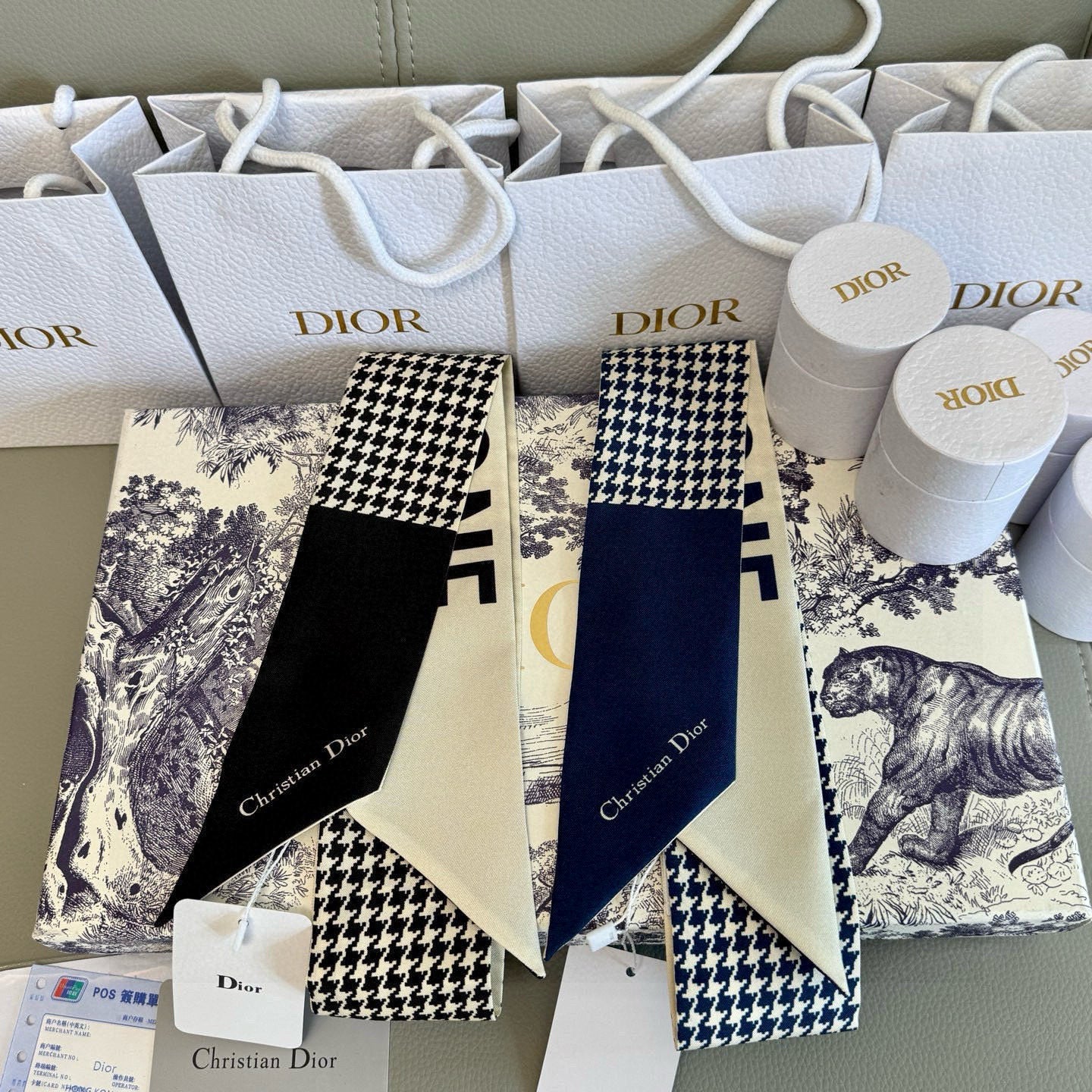 CD Twilly Mini Scarf 105cm Beige Black Mulberry Silk 909398