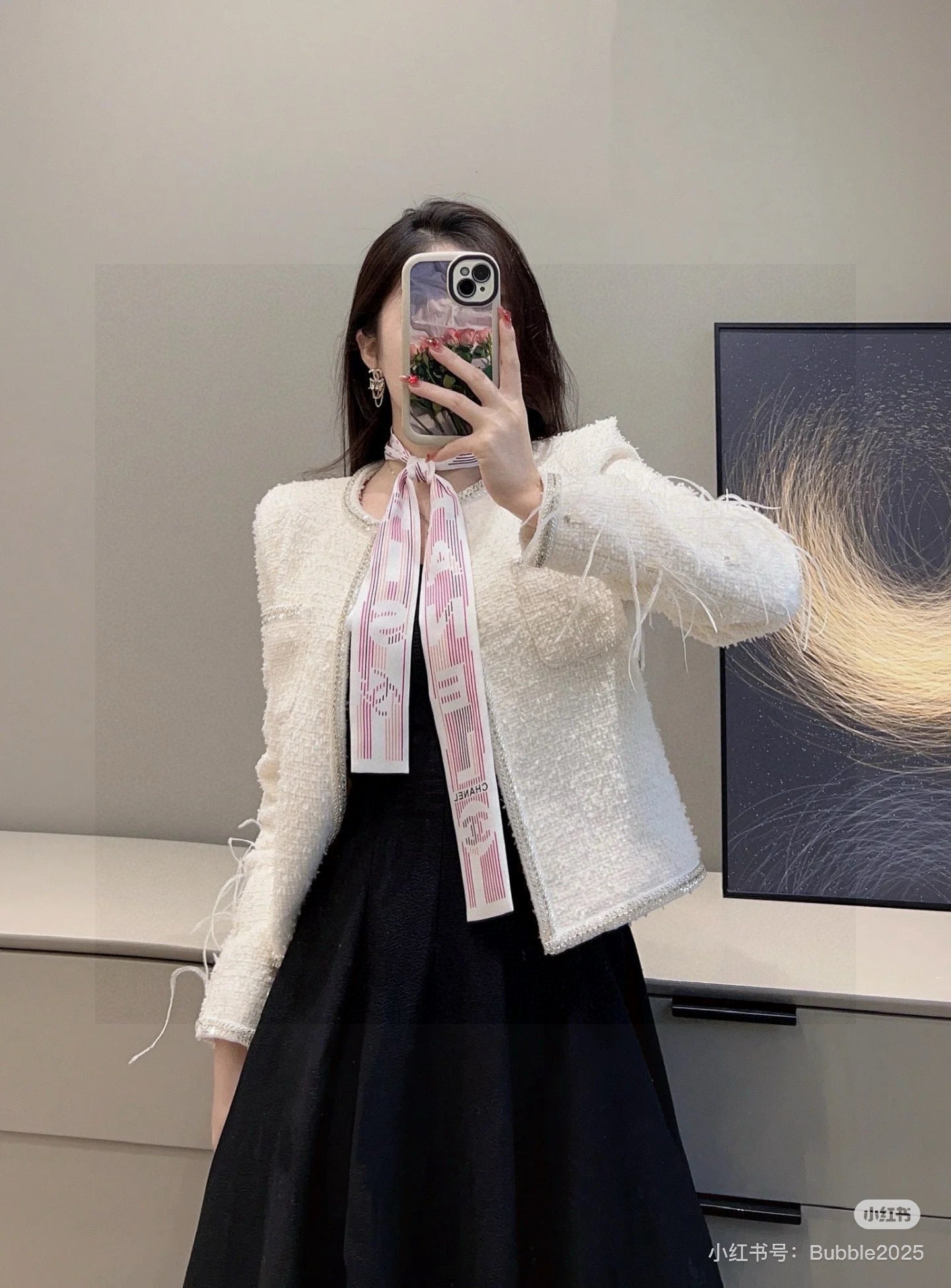 CC  Twilly Mini Scarf 120cm White Pink Mulberry Silk 924596