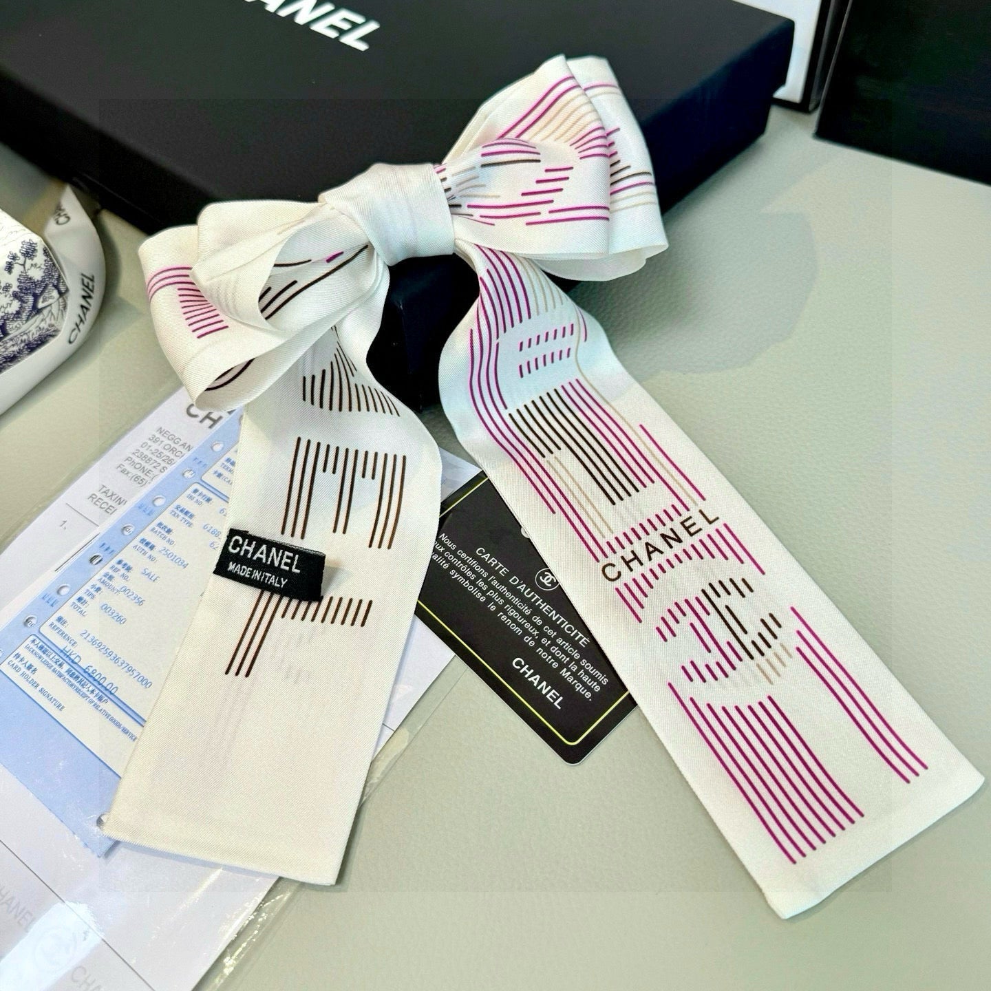 CC  Twilly Mini Scarf 120cm White Pink Mulberry Silk 924596