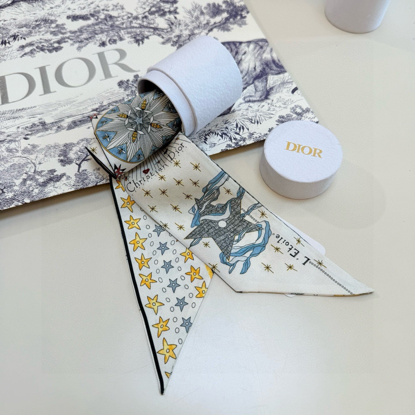 CD Twilly Mini Scarf 105cm Tarot Card White Yellow Mulberry Silk 928083