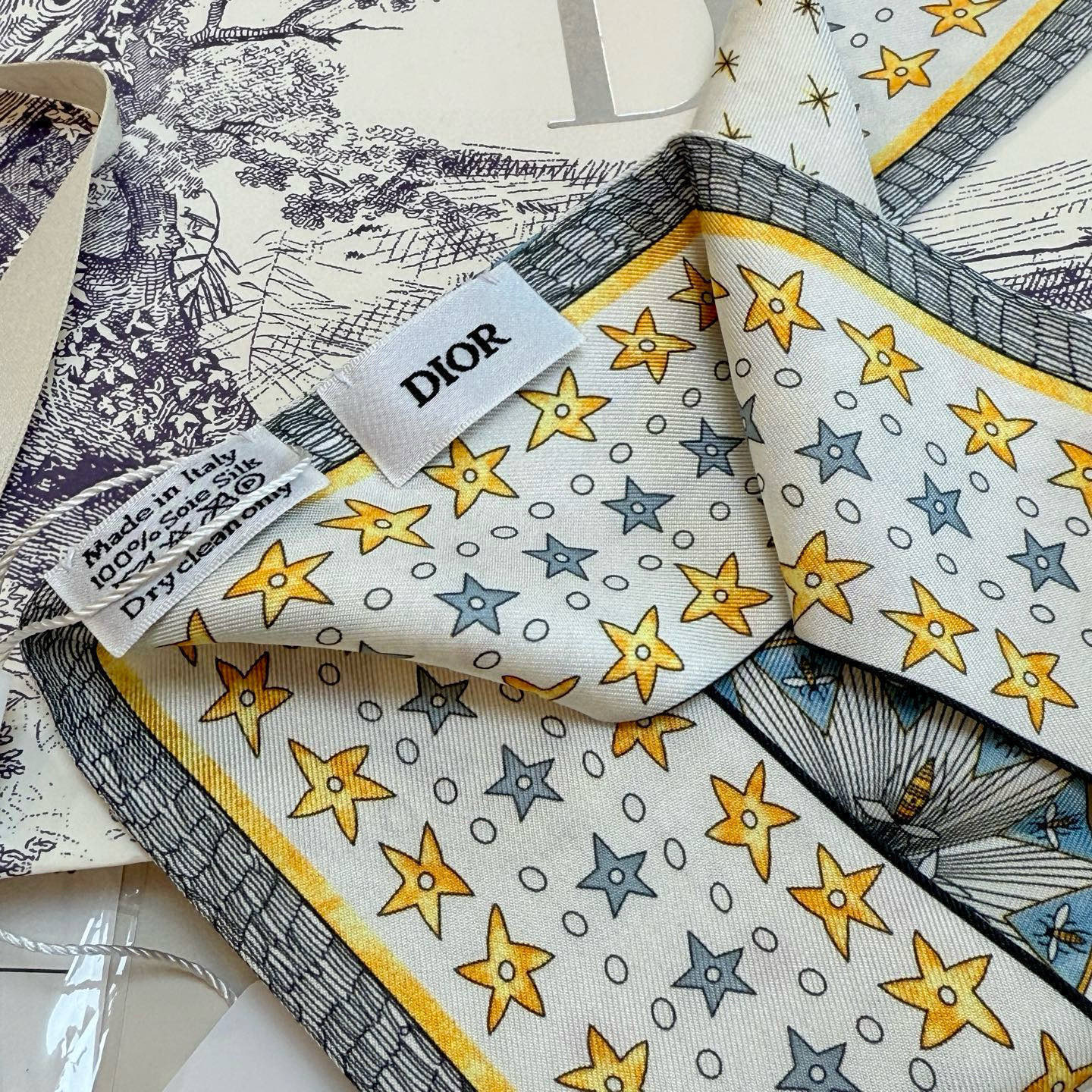 CD Twilly Mini Scarf 105cm Tarot Card White Yellow Mulberry Silk 928083