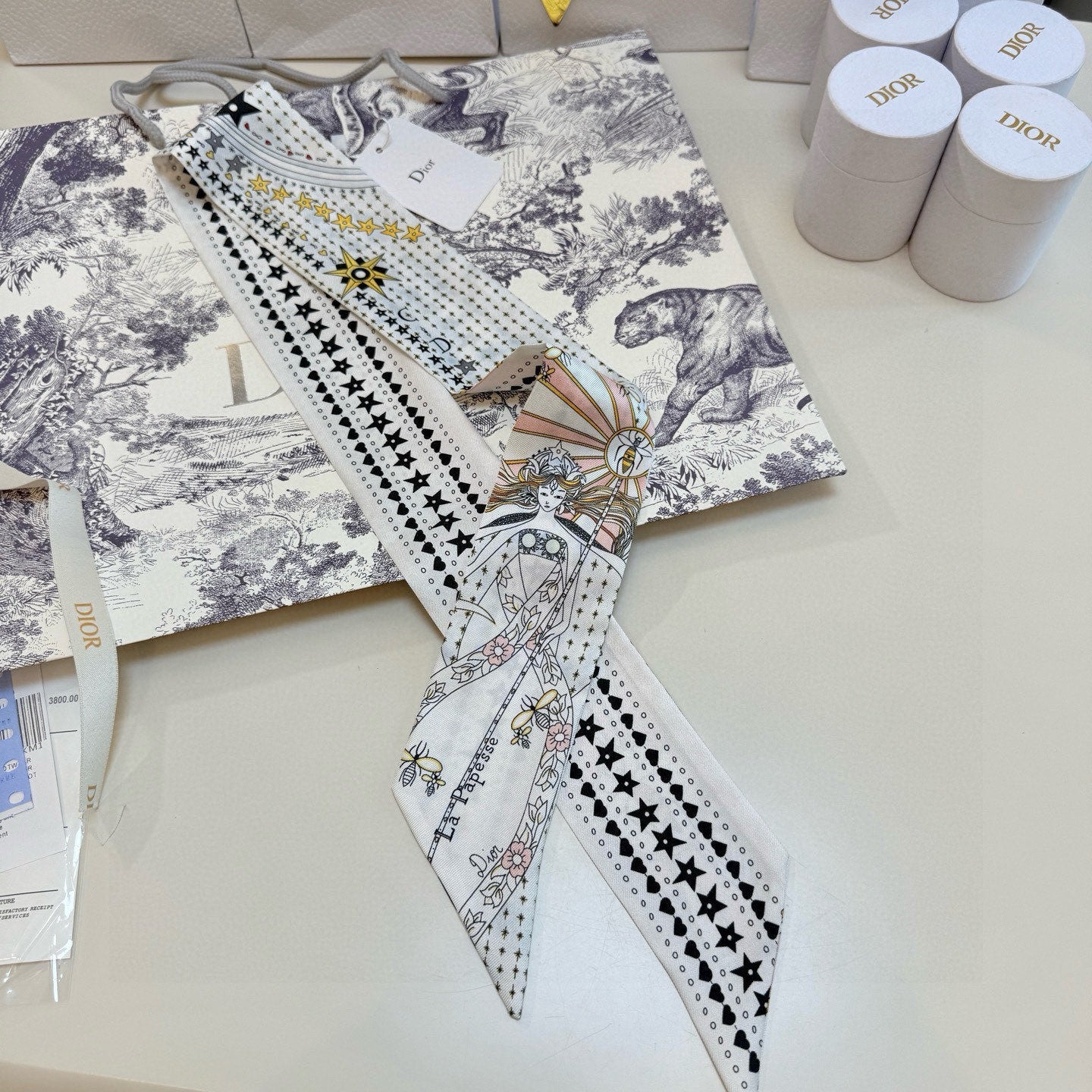 CD Twilly Mini Scarf 105cm Tarot Card White Pink Mulberry Silk 928084