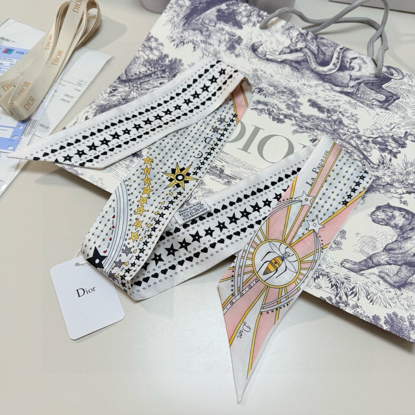 CD Twilly Mini Scarf 105cm Tarot Card White Pink Mulberry Silk 928084