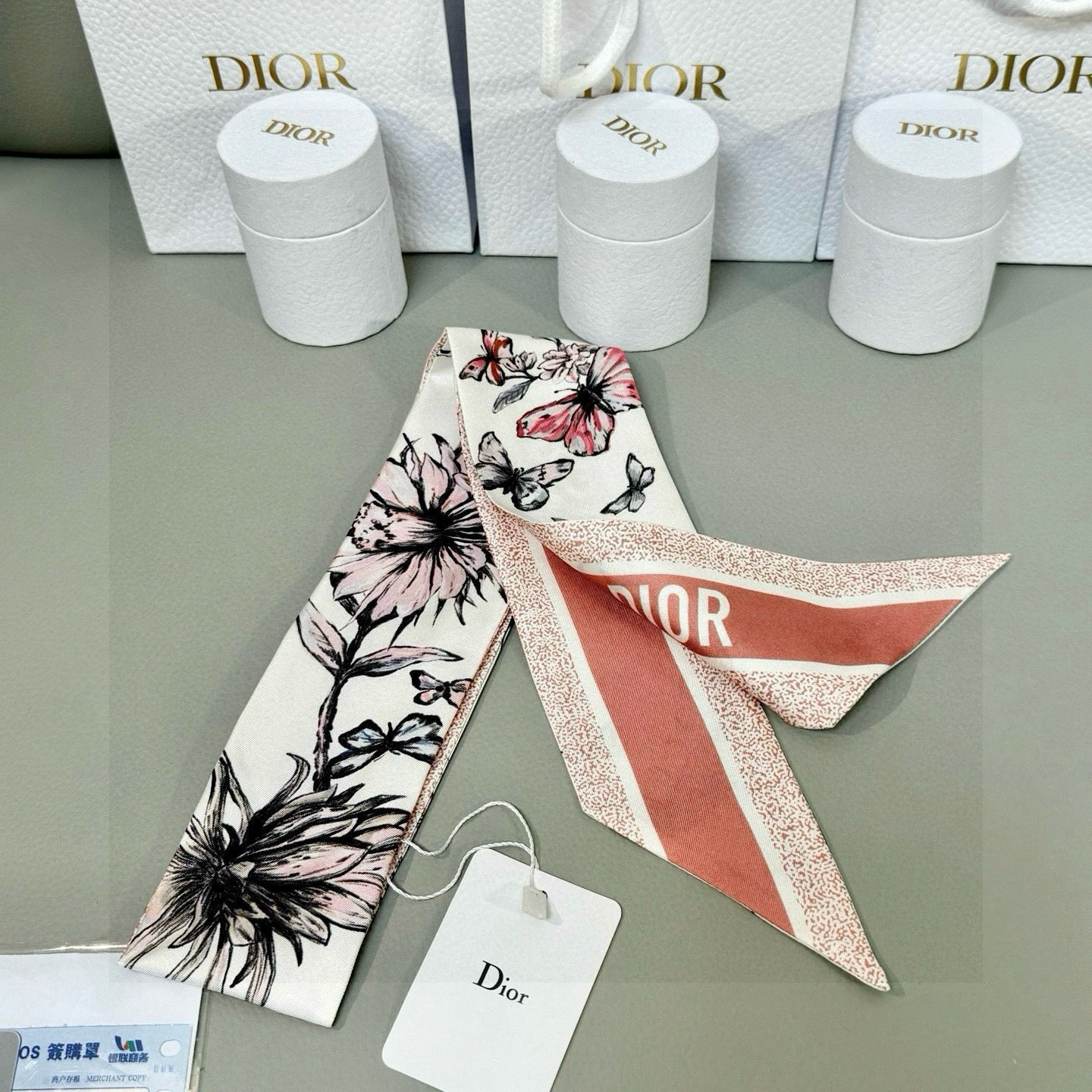 CD Twilly Mini Scarf 105cm Pink Black White Mulberry Silk 935252