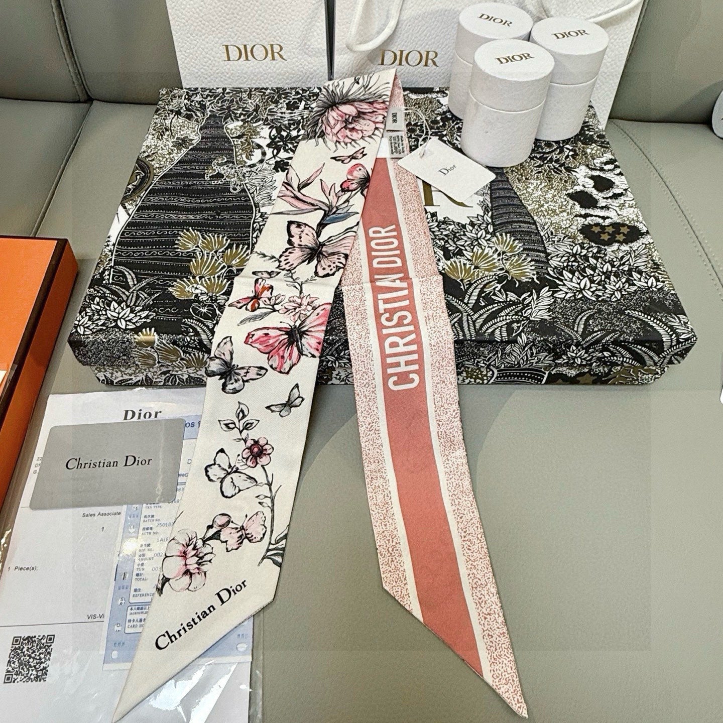 CD Twilly Mini Scarf 105cm Pink Black White Mulberry Silk 935252