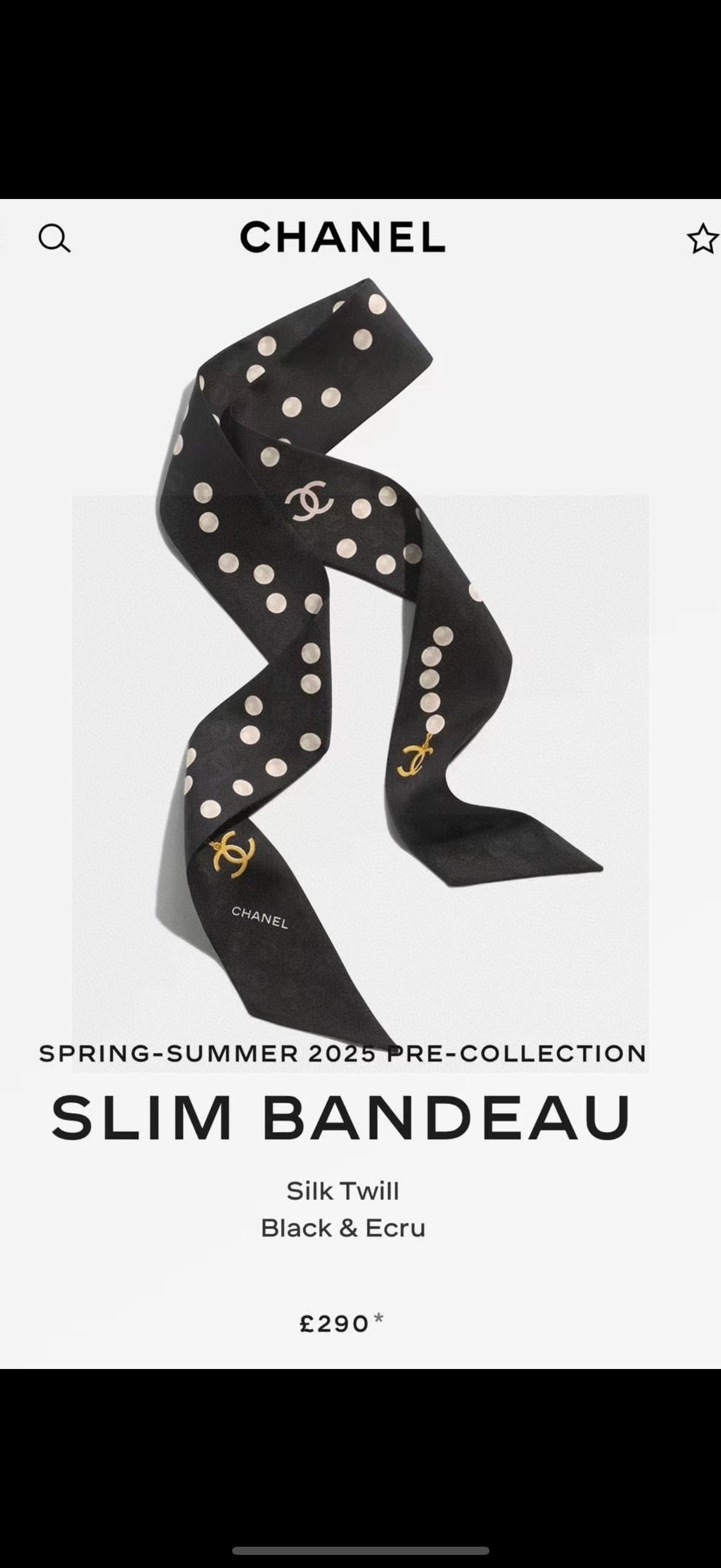 CC  Twilly Mini Scarf 120cm Black White Mulberry Silk 949113