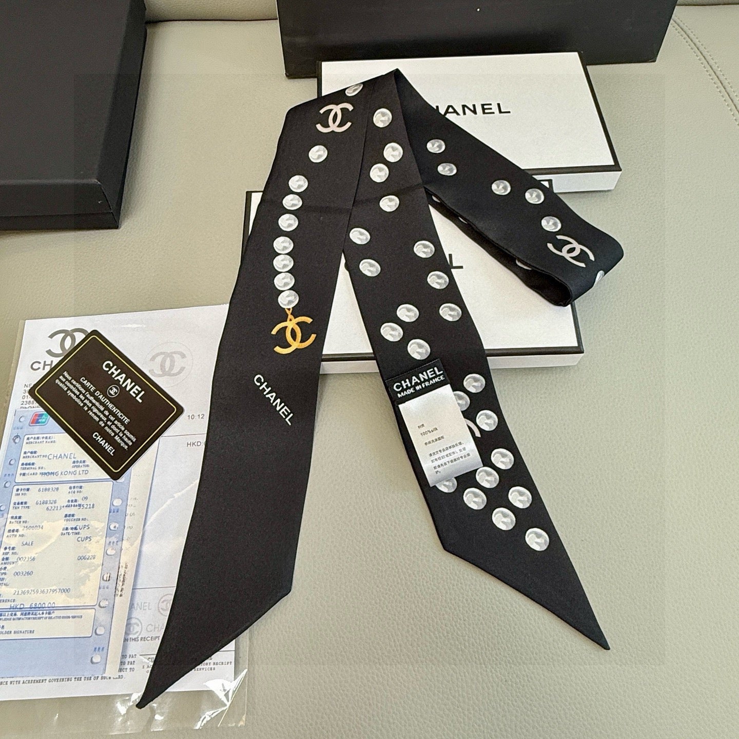 CC  Twilly Mini Scarf 120cm Black White Mulberry Silk 949113