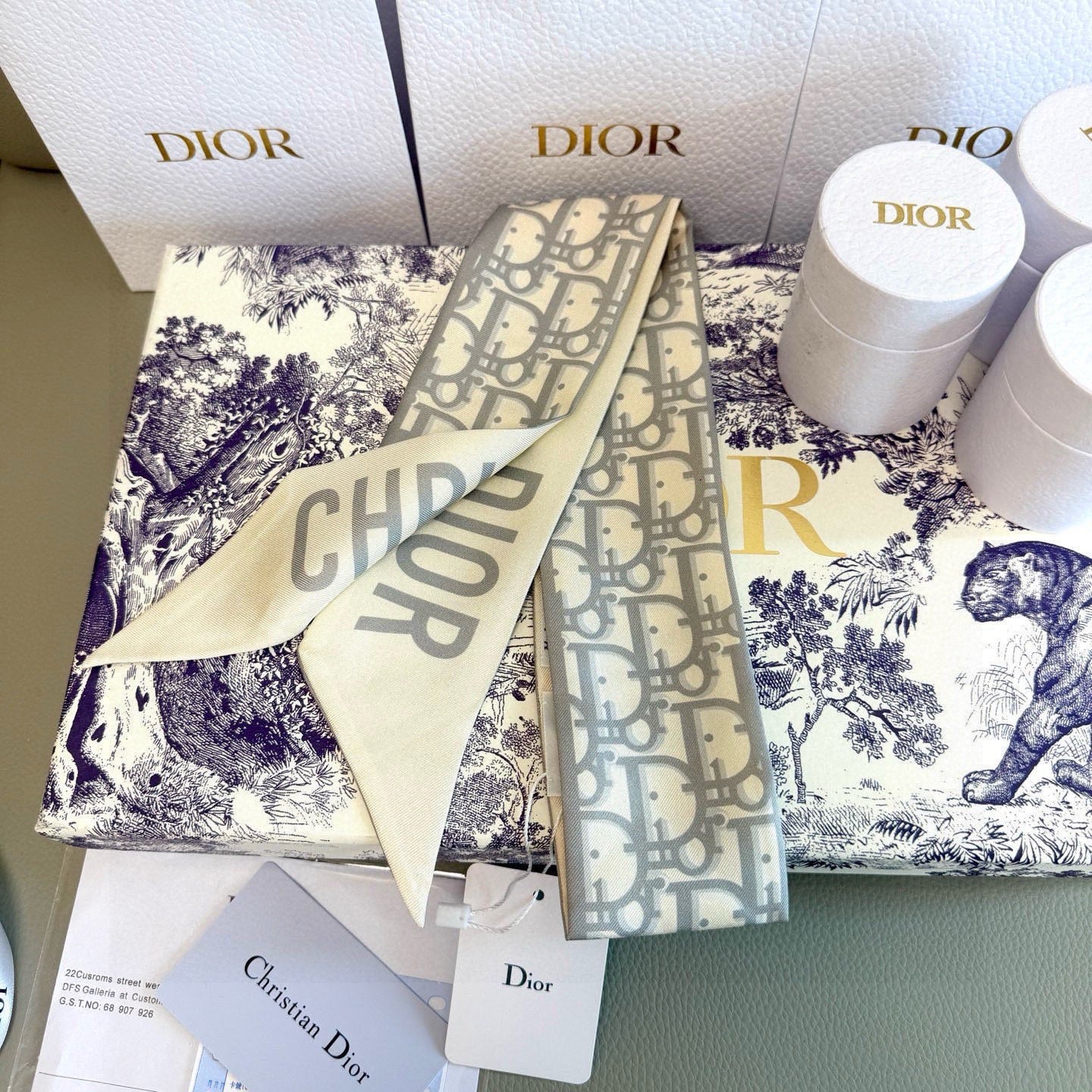 CD Twilly Mini Scarf 105cm Light Gray Mulberry Silk 953239