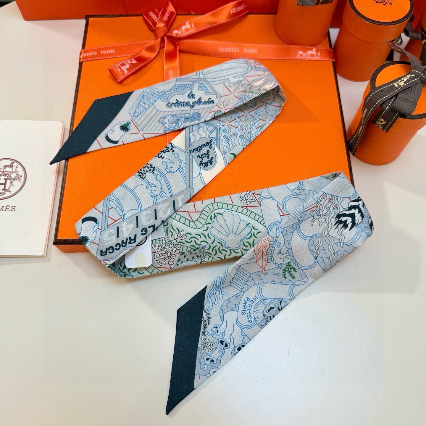 HM Twilly Mini Scarf 86CM Light Blue Colorful Mulberry Silk 957154