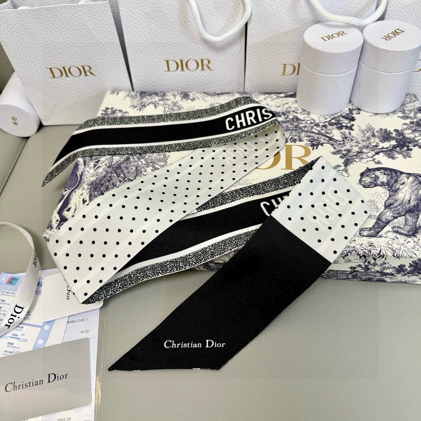 CD Twilly Mini Scarf 105cm Black White Mulberry Silk 957050