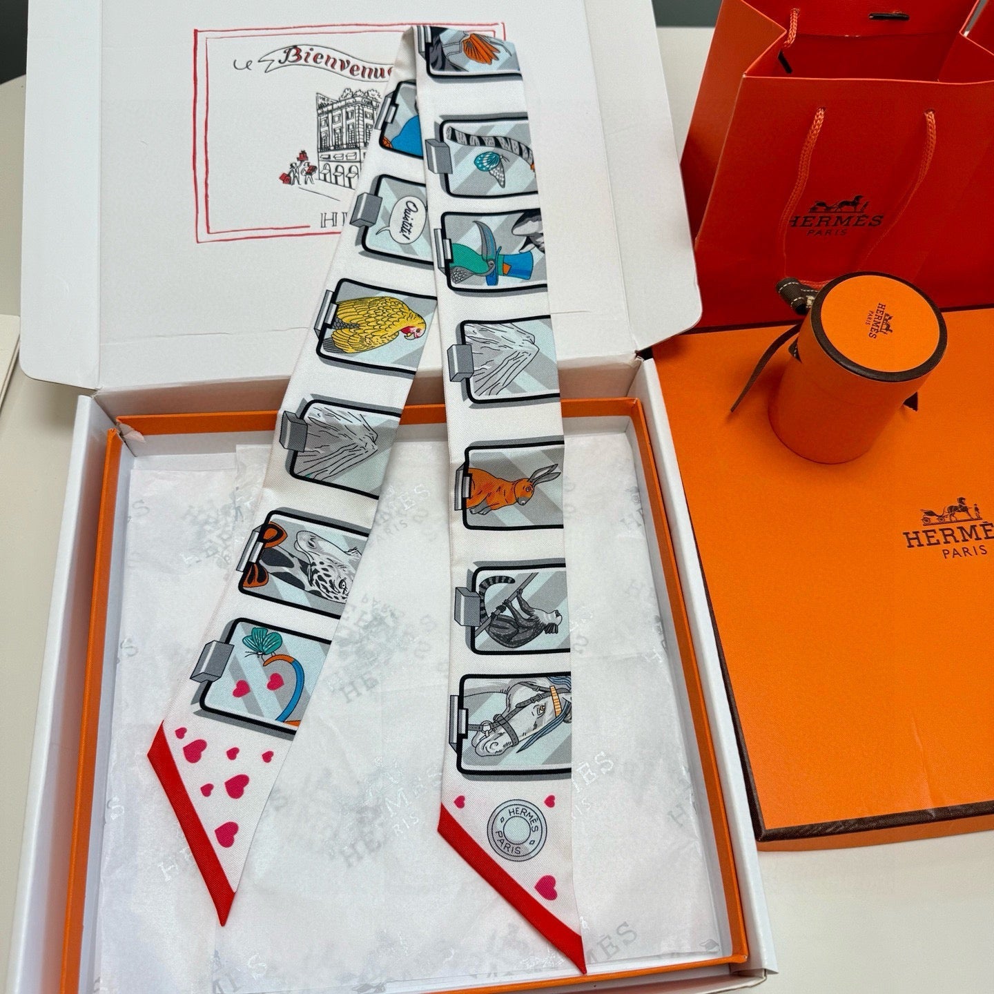 HM Twilly Mini Scarf 86CM White Colorful Mulberry Silk 957156