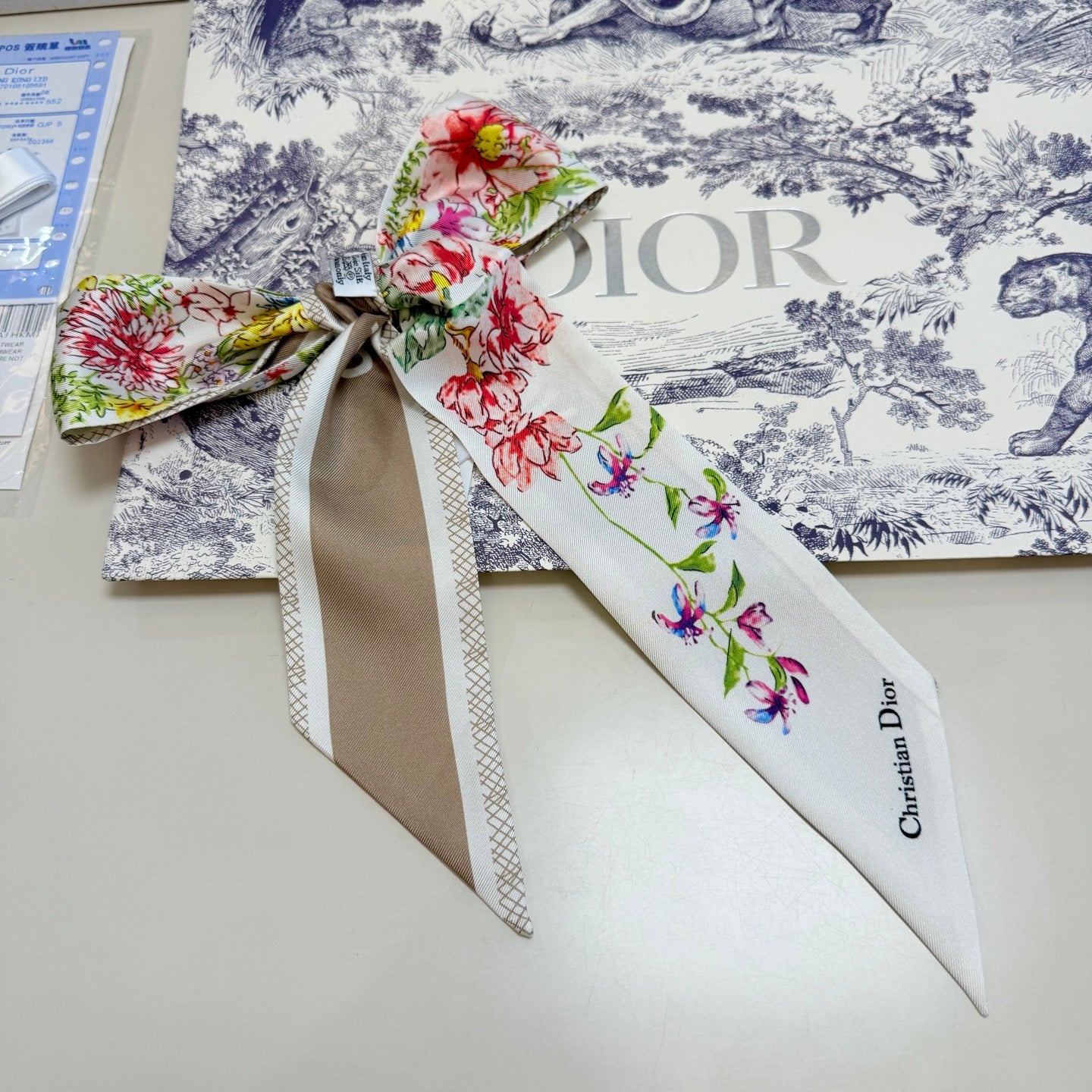 CD Twilly Mini Scarf 100cm Beige Colorful Mulberry Silk 958858