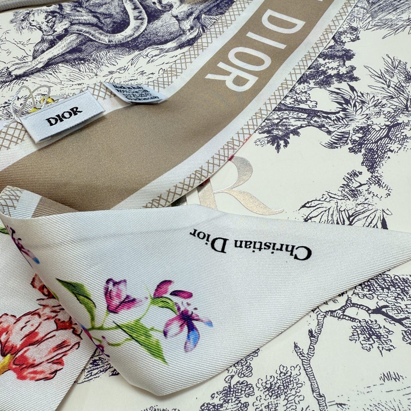 CD Twilly Mini Scarf 100cm Beige Colorful Mulberry Silk 958858