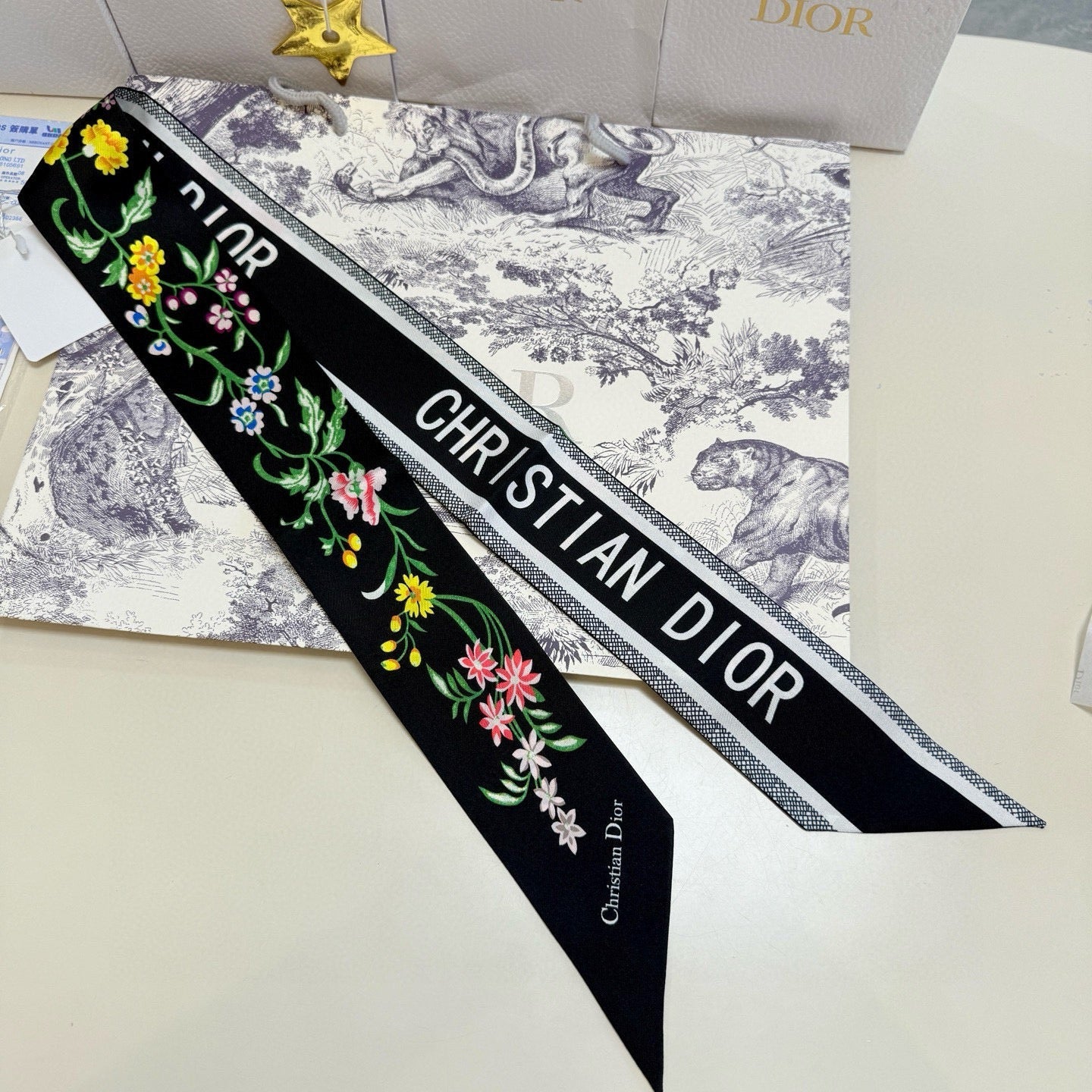 CD Twilly Mini Scarf 100cm Black Colorful Mulberry Silk 958859